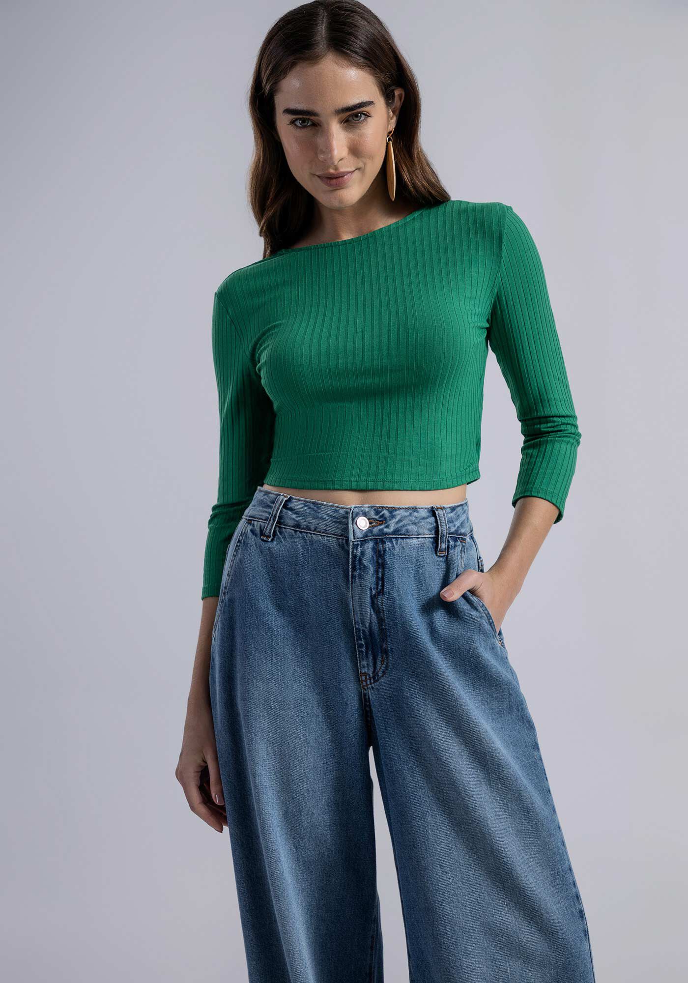 Blusa Manga 3/4 Canelada com Transpasse, VERDE PANTANAL, large.