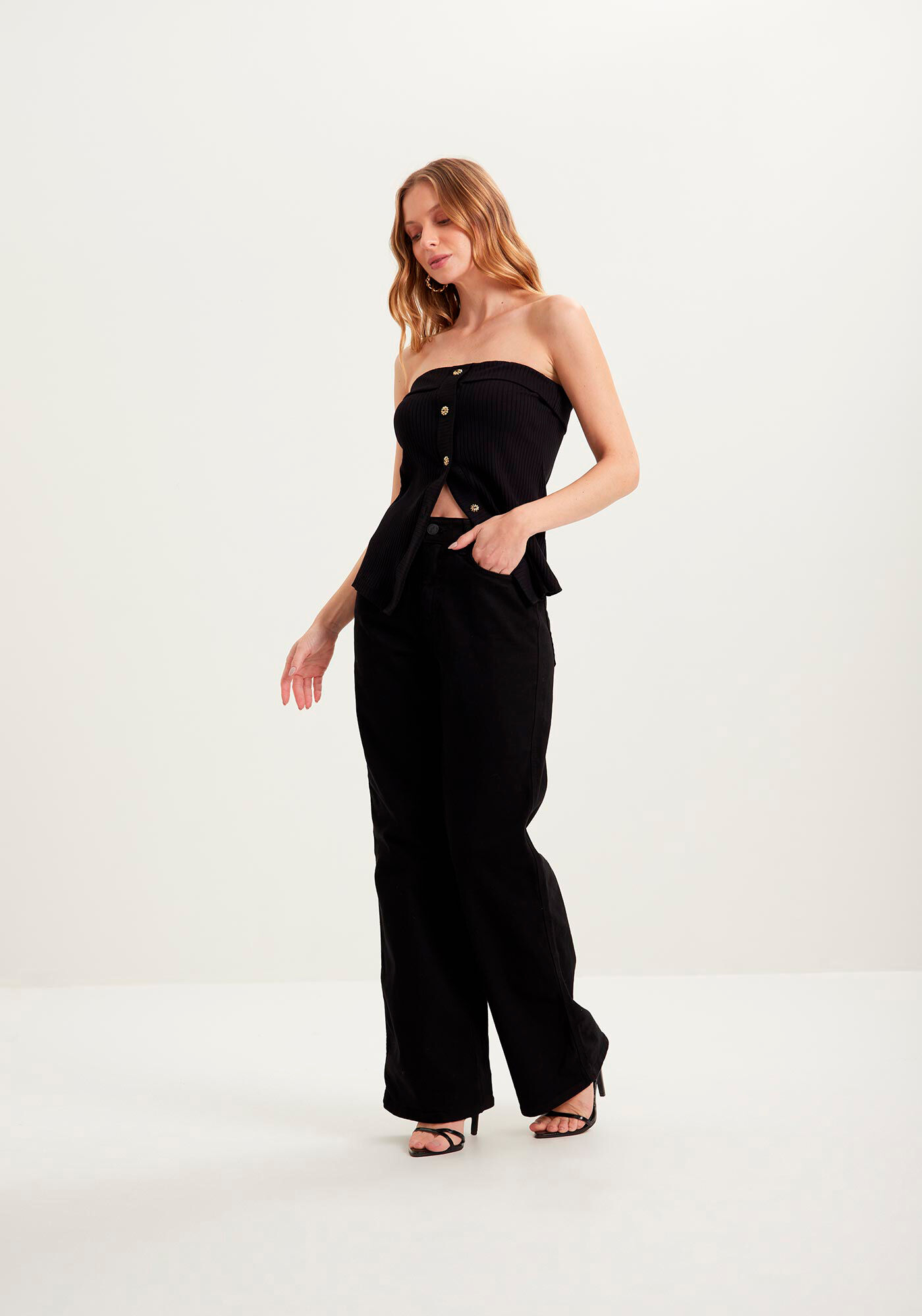 Cal&ccedil;a Wide Leg Com Cintura Alta Em Sarja Com Elastano, , large.