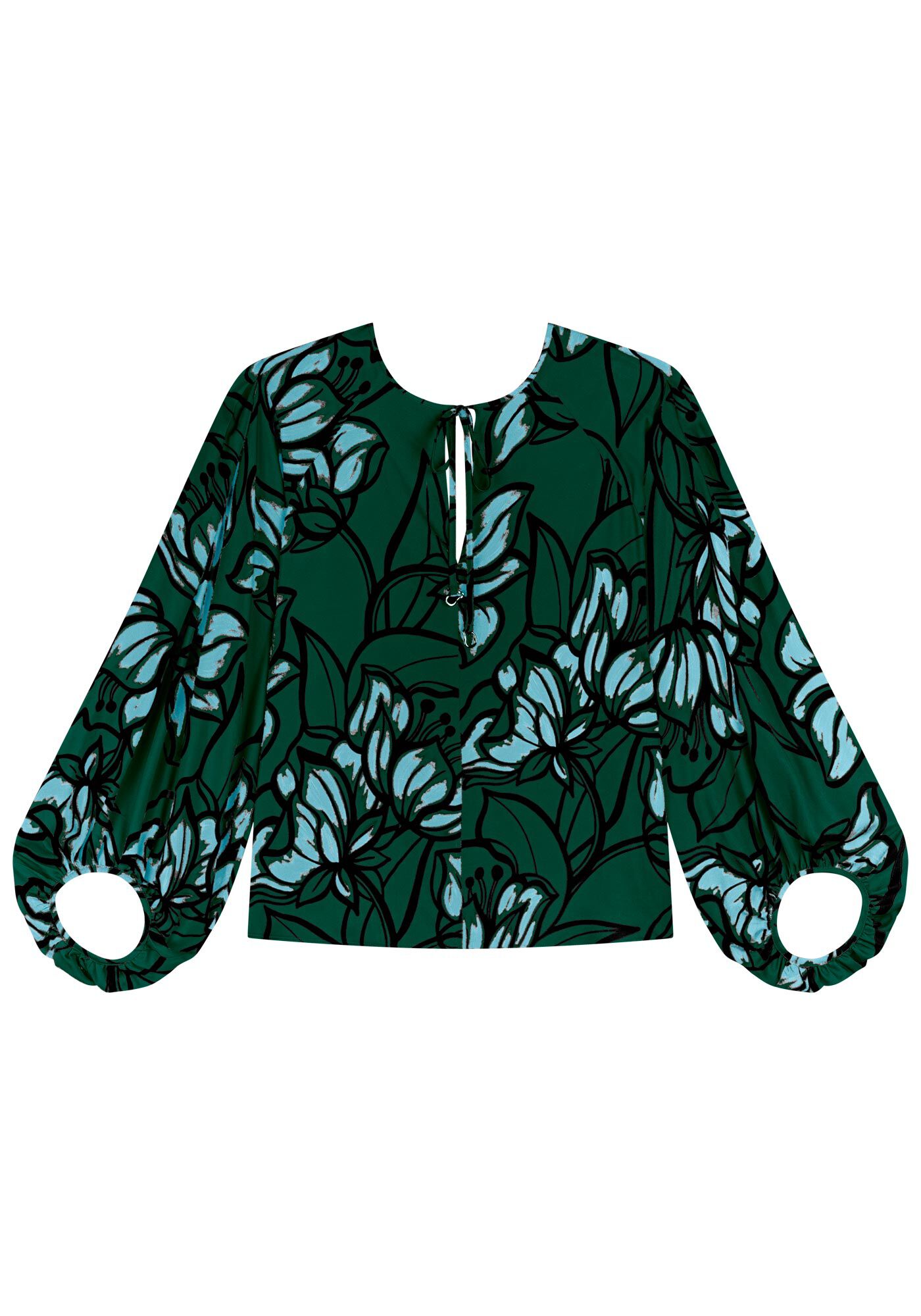 Blusa Estampada De Mangas Amplas Com Amarra&ccedil;&atilde;o Frontal, BELL FLOWERS VERDE, large.