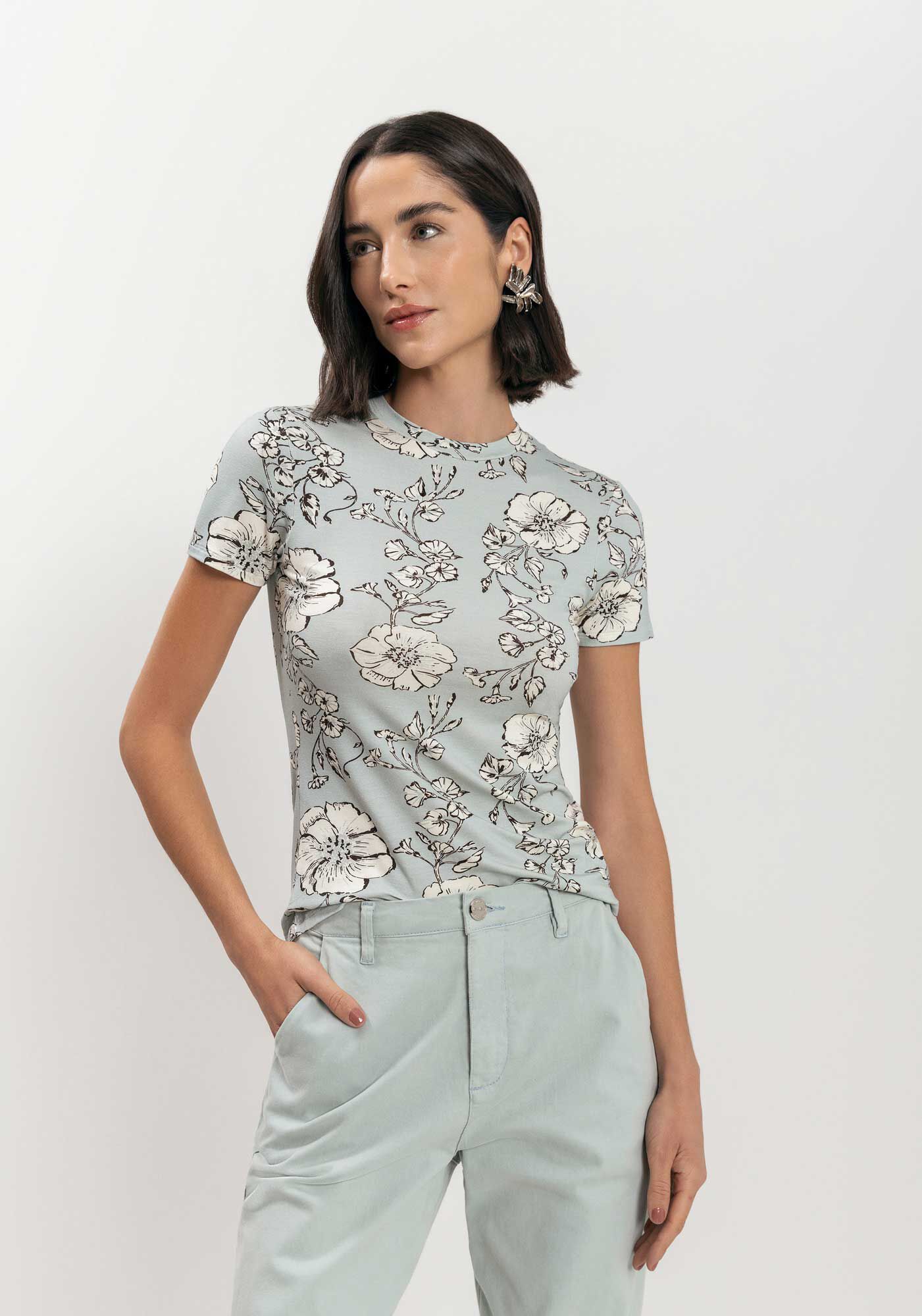 Blusa De Mangas Curtas Estampada Em Malha Com Elastano, , large.