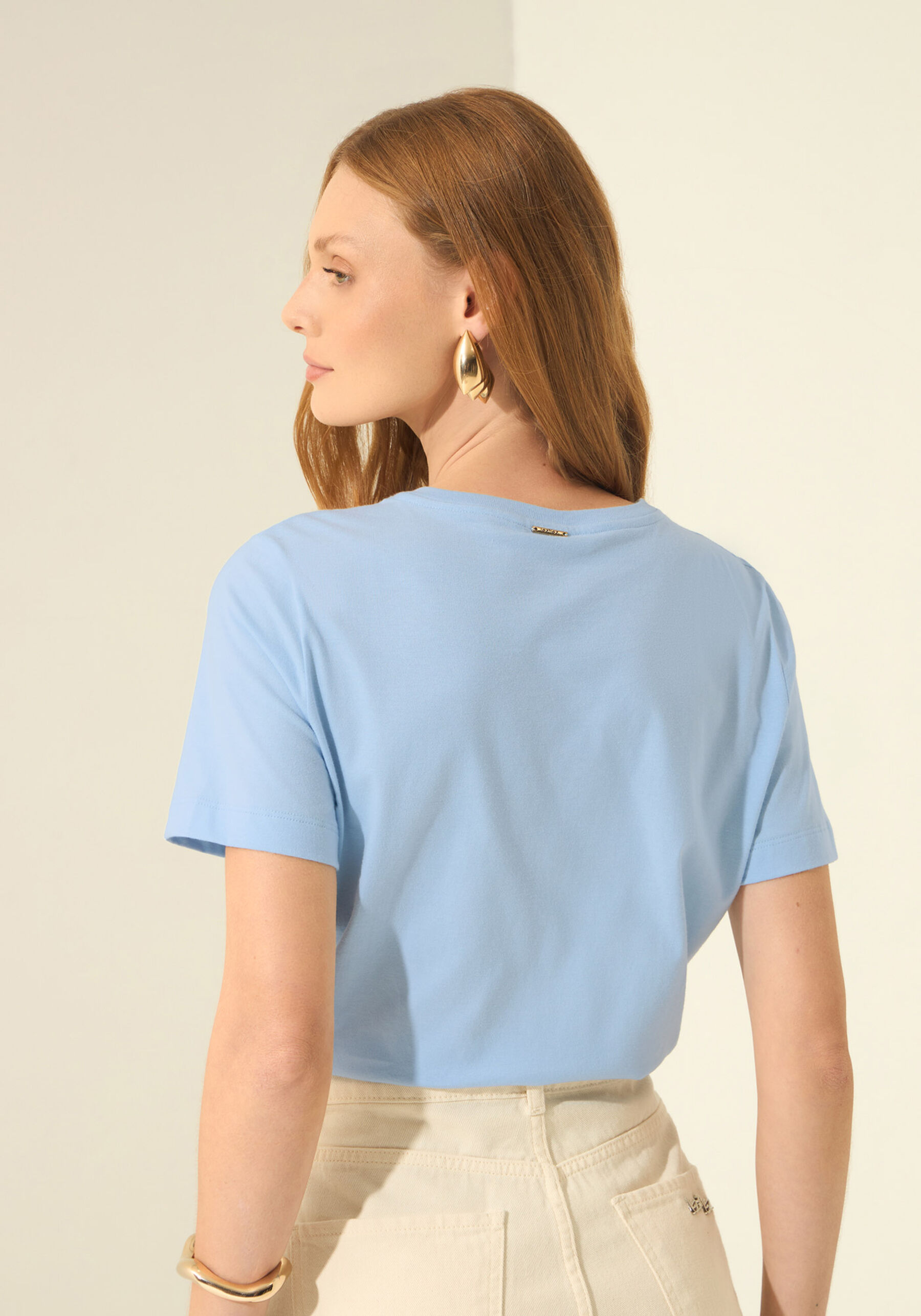 T- shirt Em Malha De Algodão Penteado Com Bordado, AZUL PUPPY. T- shirt Em Malha De Algodão Penteado Com Bordado, AZUL PUPPY, large.