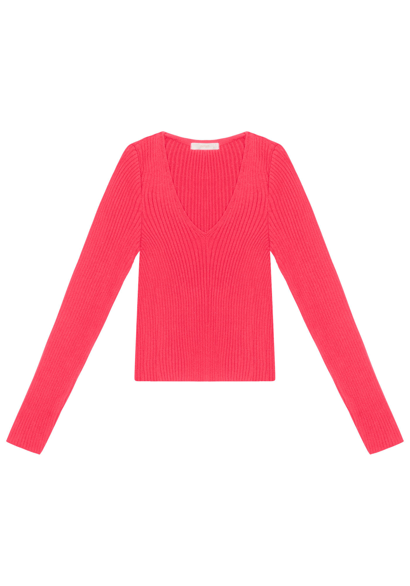 Blusa Manga Longa Cropped em Tric&ocirc; com Decote V, ROSA CARACAS, large.