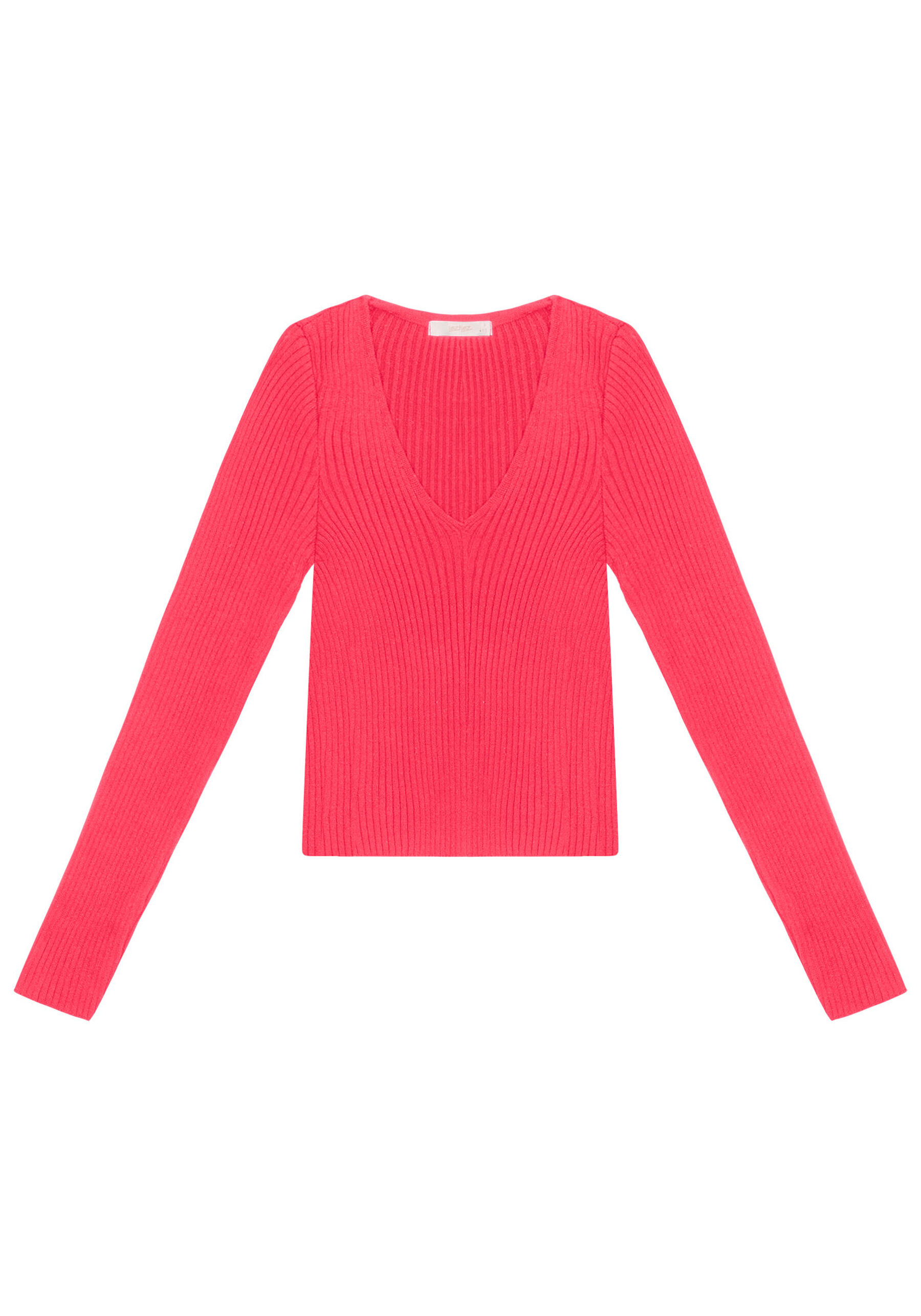 Blusa Manga Longa Cropped em Tricô com Decote V, ROSA CARACAS. Blusa Manga Longa Cropped em Tricô com Decote V, ROSA CARACAS, large.