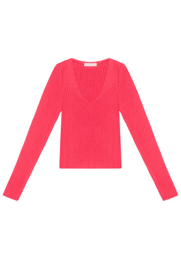 Blusa Manga Longa Cropped em Tricô com Decote V, ROSA CARACAS. Blusa Manga Longa Cropped em Tricô com Decote V, ROSA CARACAS, large.