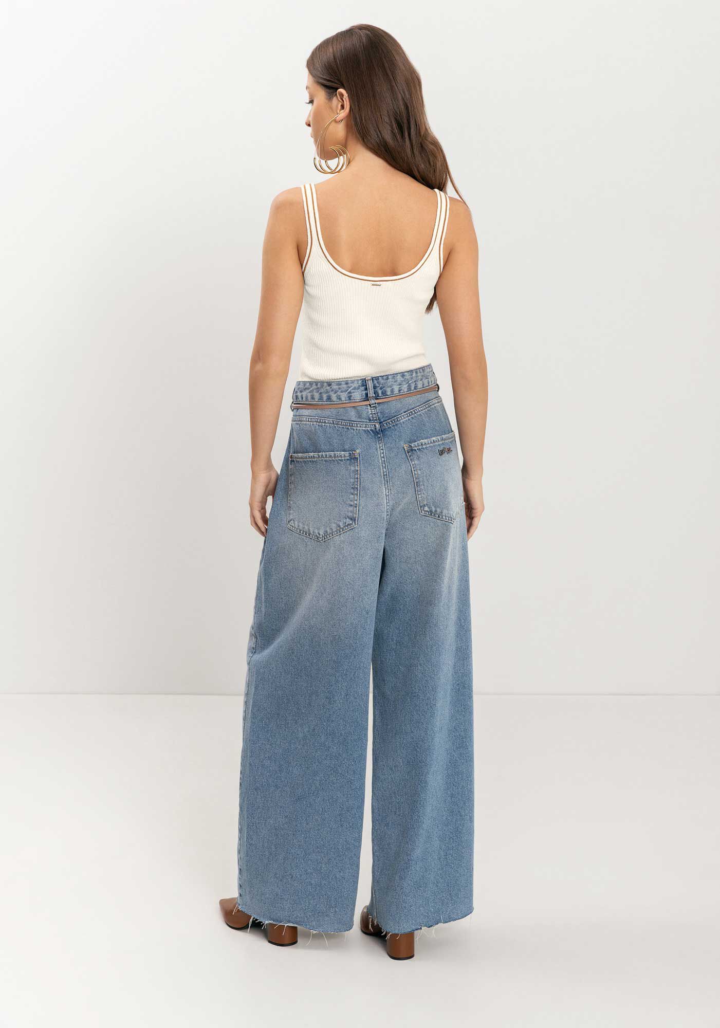 Cal&ccedil;a Jeans Jumbo Com Cinto E Cintura Alta, , large.