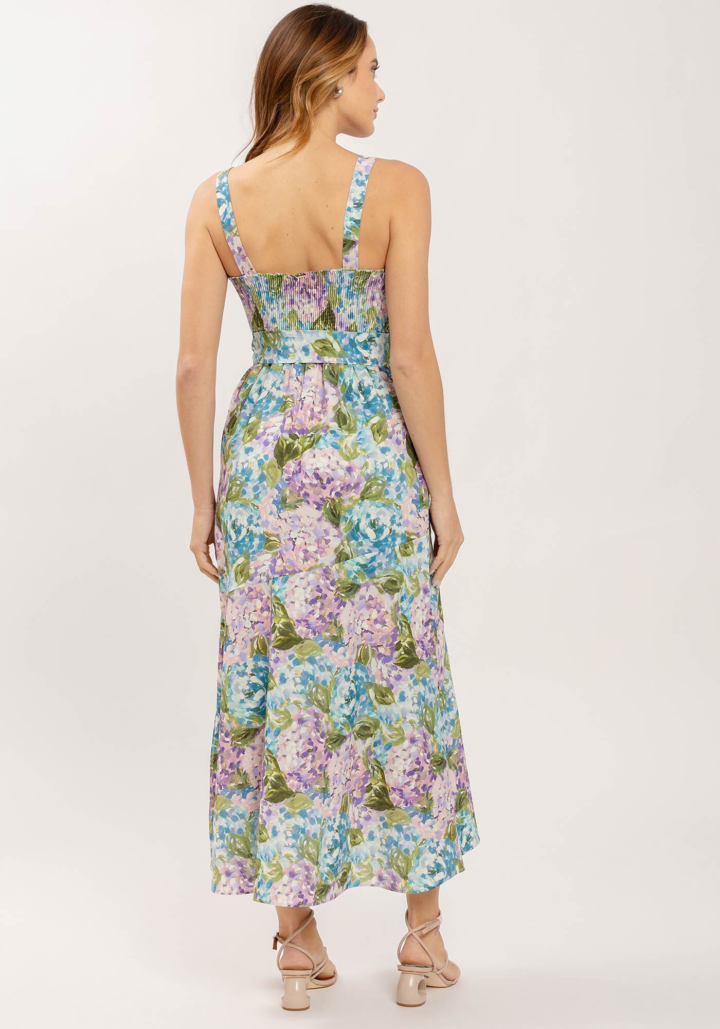 Vestido Midi Ch&aacute; em Linho Estampado com Cinto, , large.