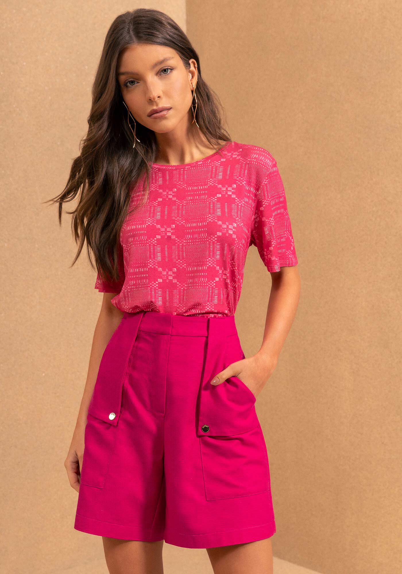 Blusa De Mangas Curtas Em Malha Estampada, CHECK ROSA, large.