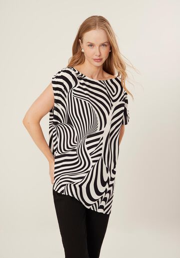 Blusa Fluida Estampada De Um Ombro Só Em Viscose, SILHOUETTE BRANCO. Blusa Fluida Estampada De Um Ombro Só Em Viscose, SILHOUETTE BRANCO, large.