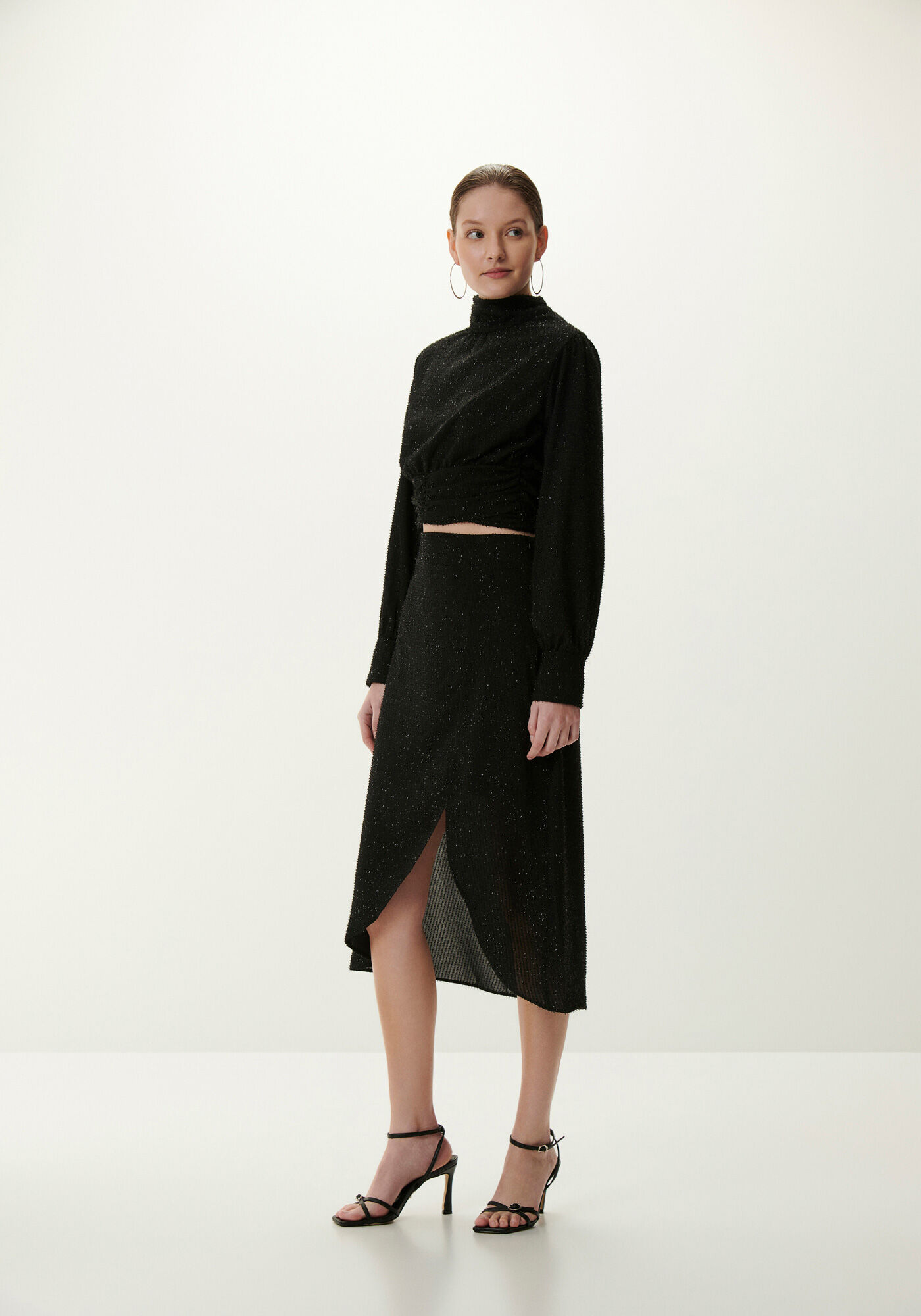 Saia Midi Texturizada com Fenda e Brilho, , large.