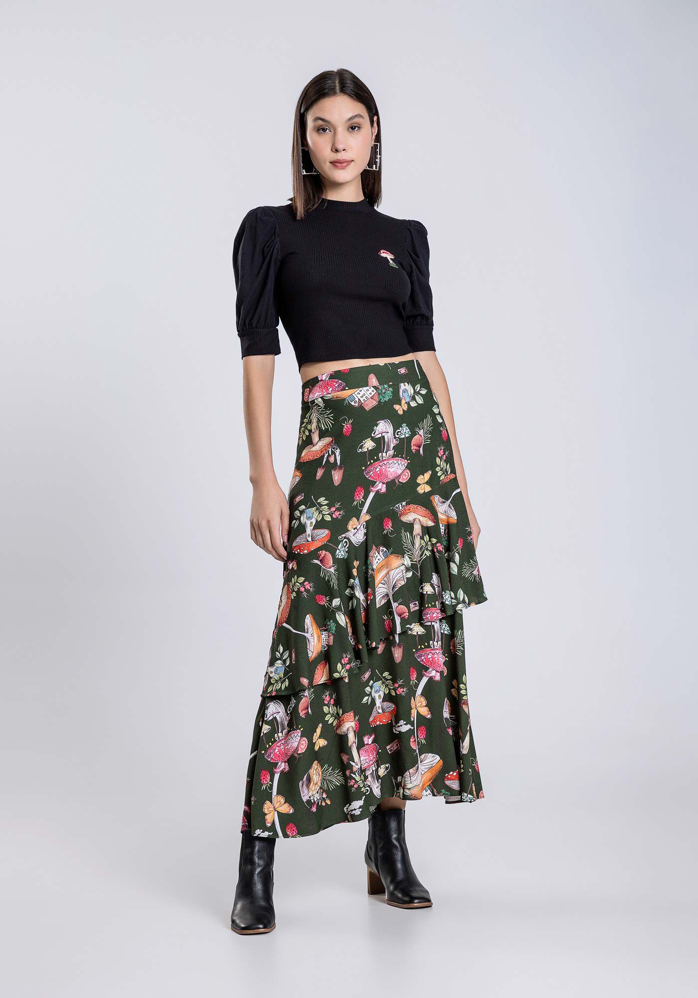 Saia midi hotsell com babado estampada