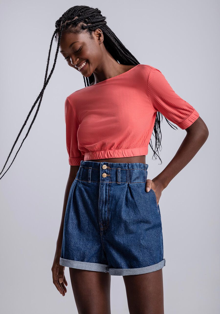 Shorts Jeans Alfaiataria com Elástico Cós, . Shorts Jeans Alfaiataria com Elástico Cós, , large.