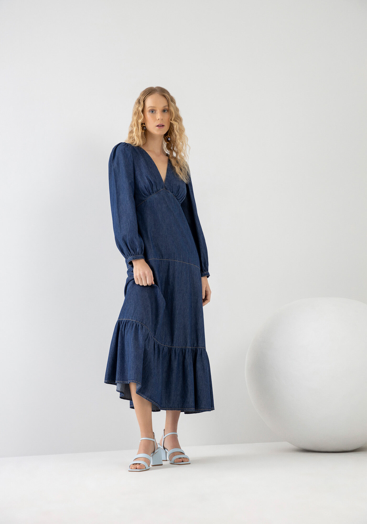 Vestido Jeans Midi com Manga Longa Bufante, JEANS, large.