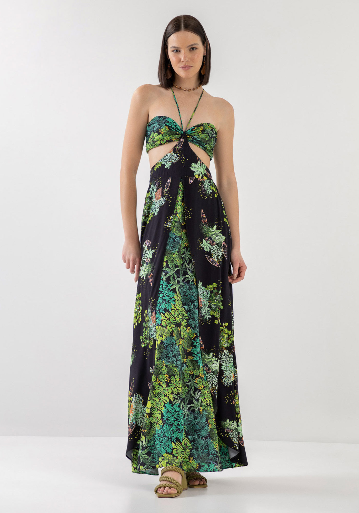 Vestido Longo Frente nica Estampado com Cut Lez a Lez