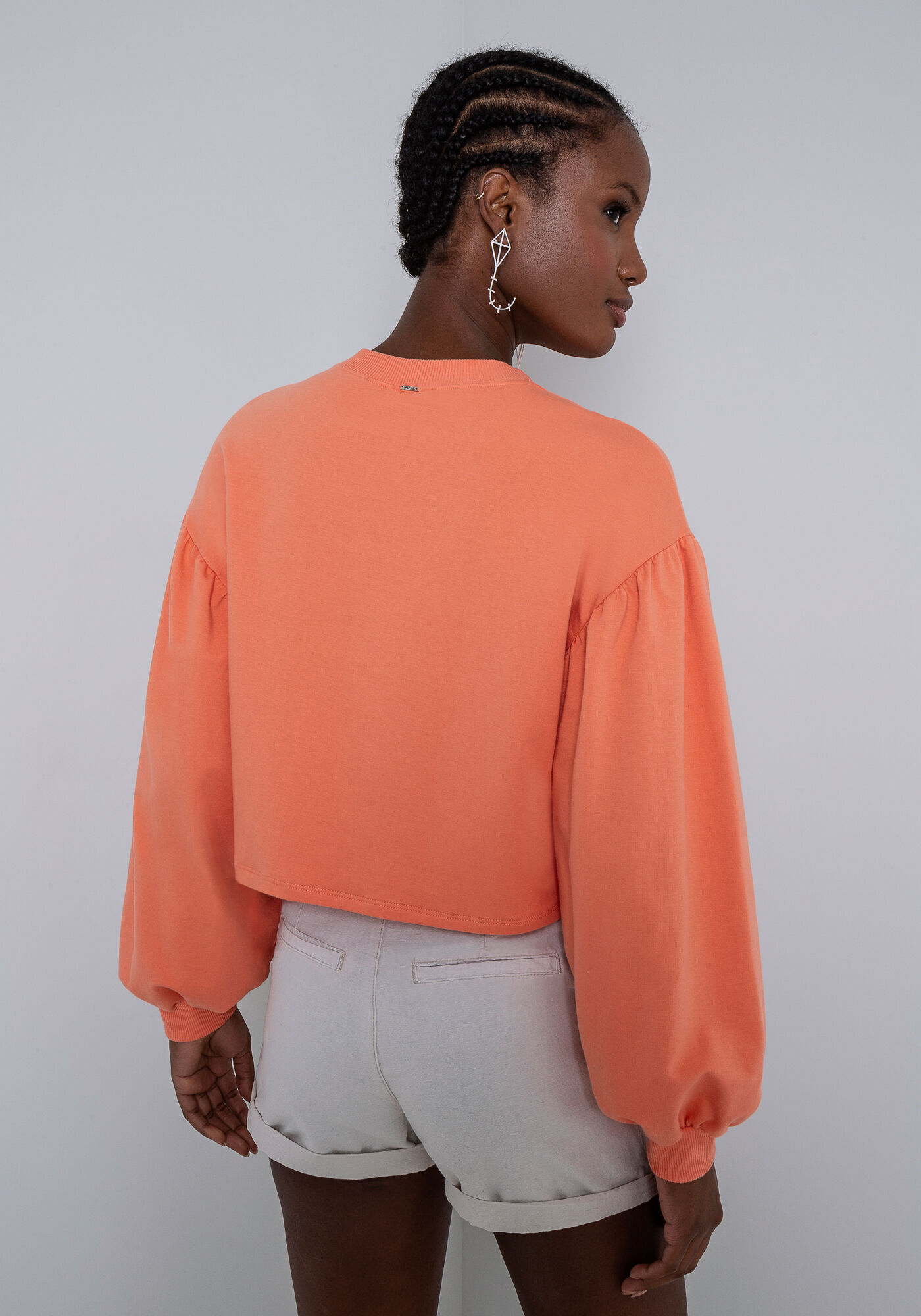 Blus&atilde;o Cropped Molecotton Manga Bufante, SALMAO ZINC, large.