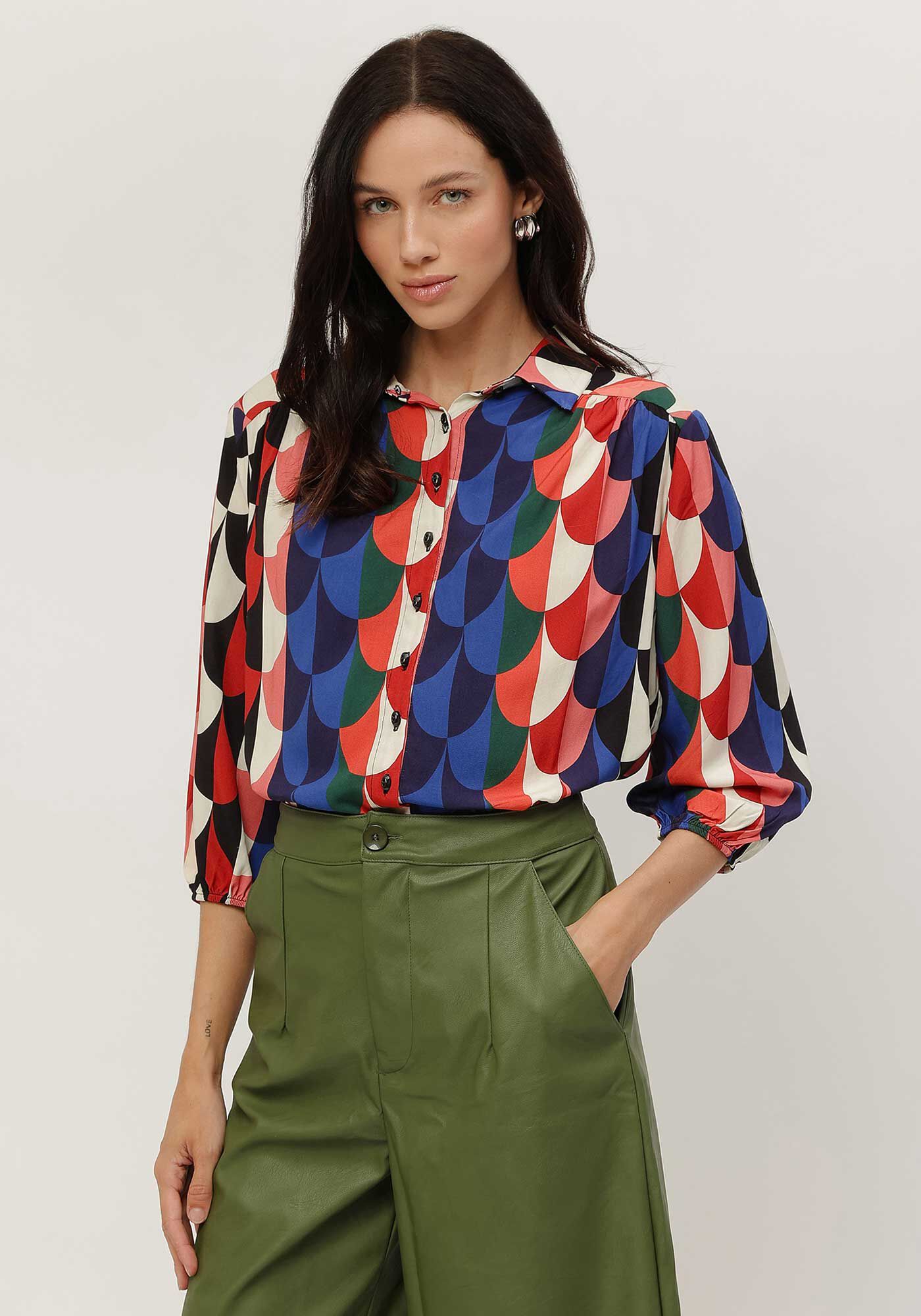 Camisa Estampada em Viscose com Manga 3/4 Bufante, , large.