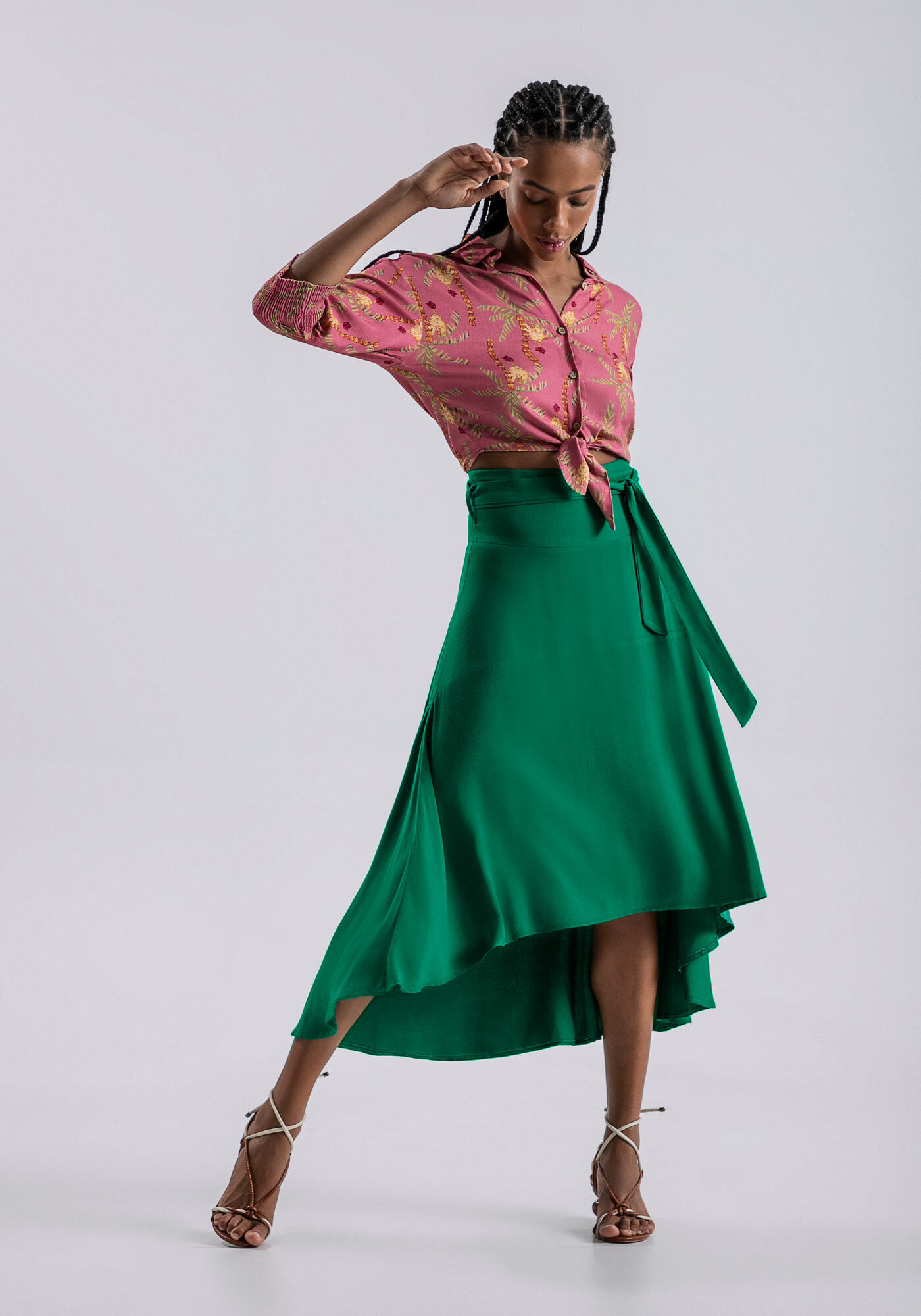 Saia Midi Assim&eacute;trica Viscose com Faixa, VERDE PANTANAL, large.