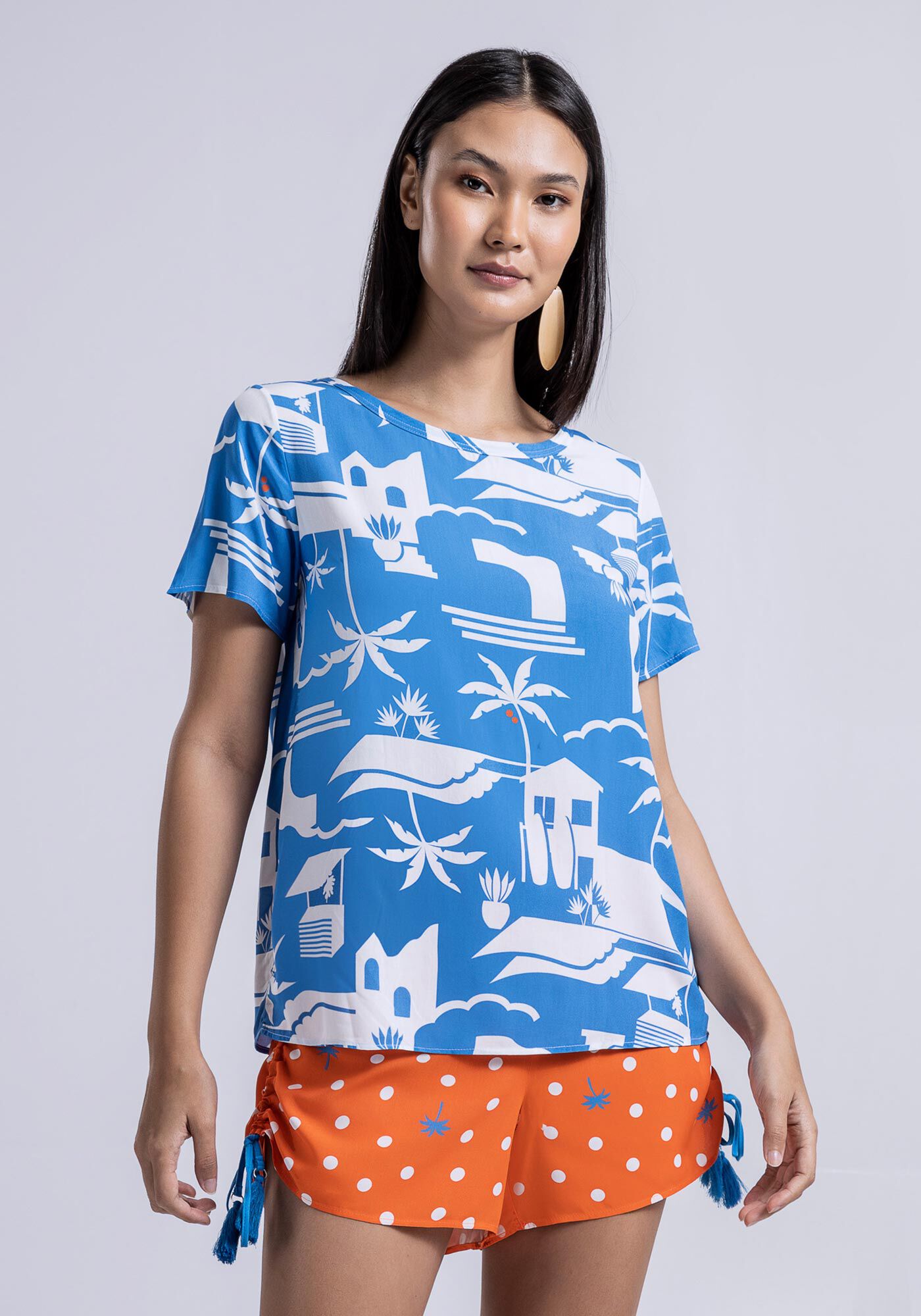 Blusa Manga Curta em Viscose Estampada, , large.