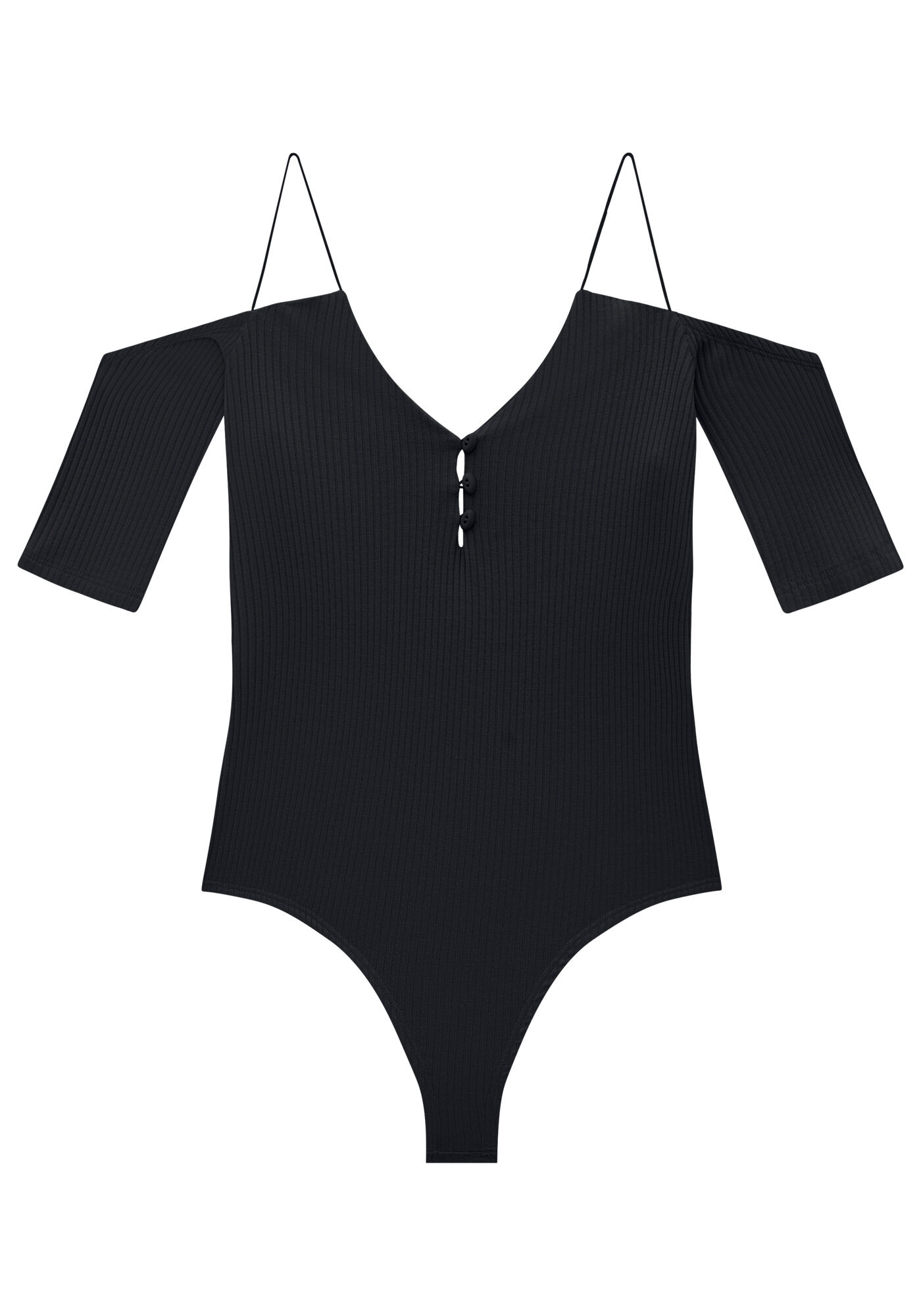 Body Manga Vazada Canelada com Bot&otilde;es, PRETO REATIVO, large.