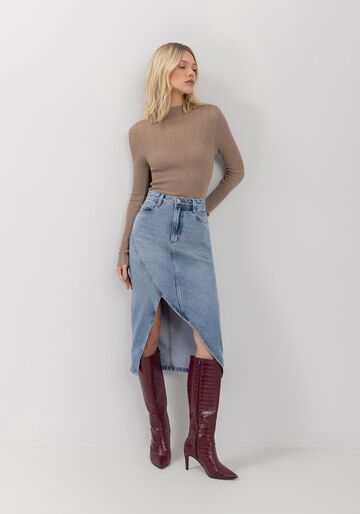Saia Jeans Midi Com Cintura Alta E Fenda Assimétrica, JEANS. Saia Jeans Midi Com Cintura Alta E Fenda Assimétrica, JEANS, large.