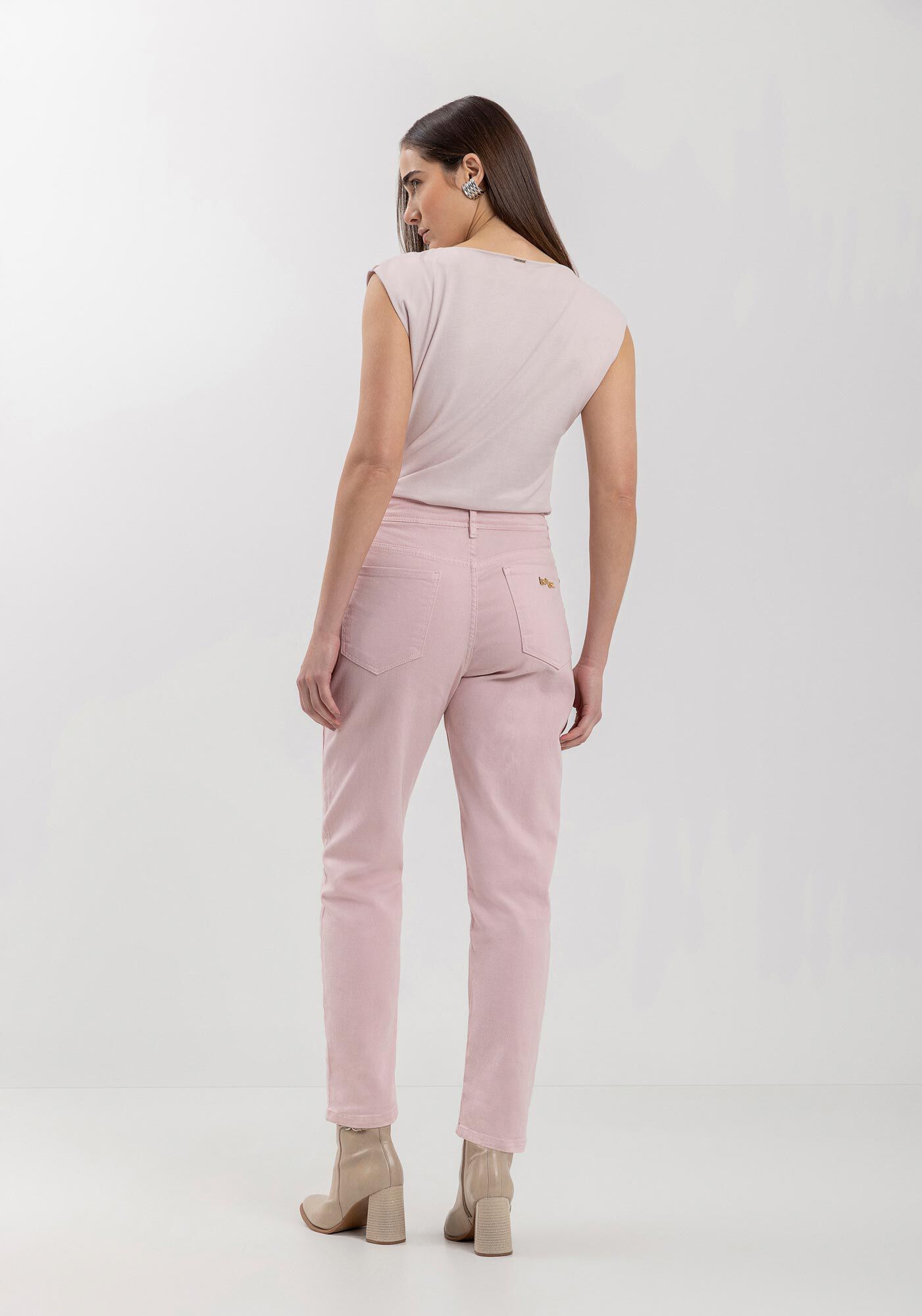 Cal&ccedil;a Mom De Cintura Alta Em Sarja Com Elastano, , large.