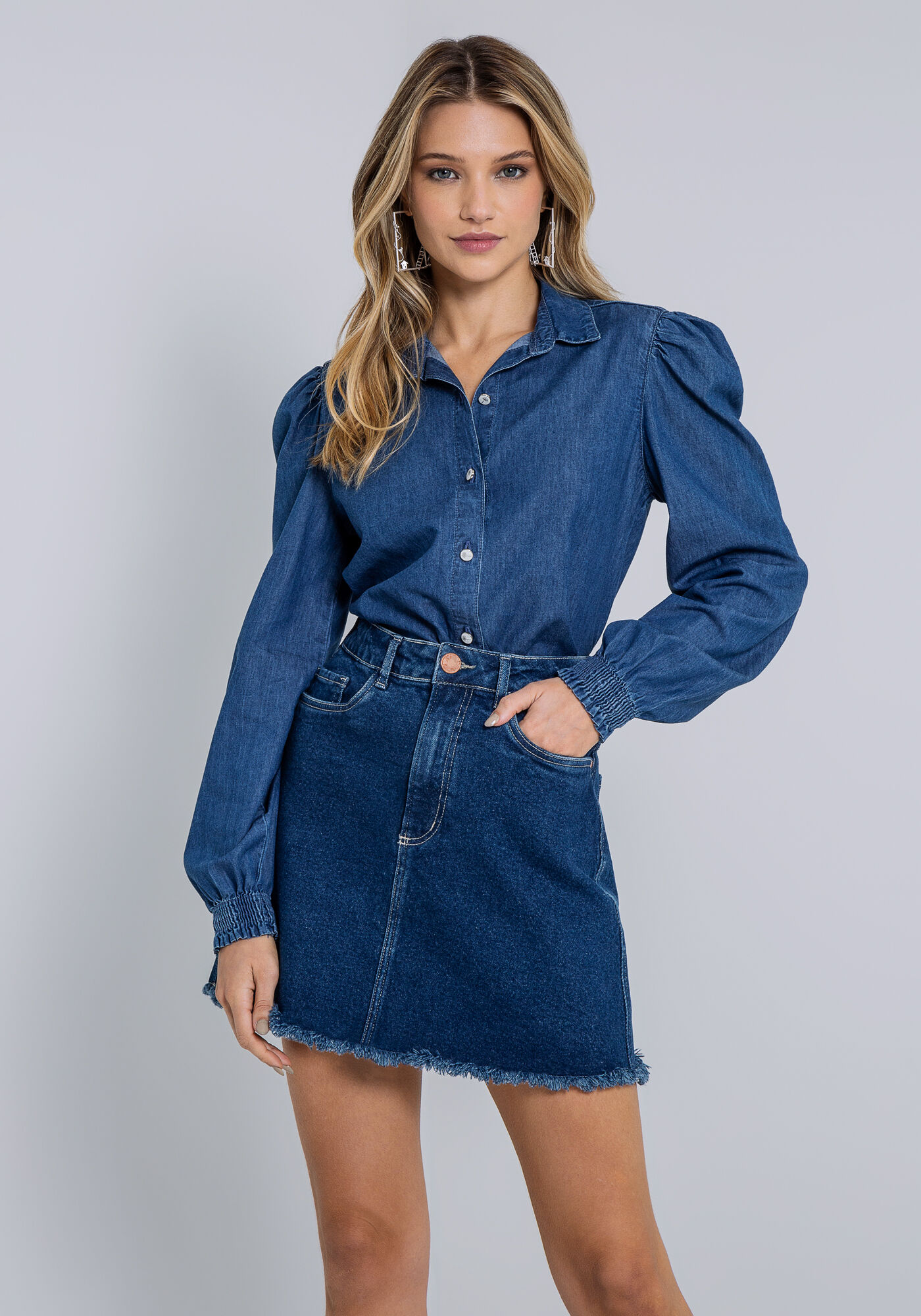 Saia Curta em Jeans com Cintura Alta, , large.