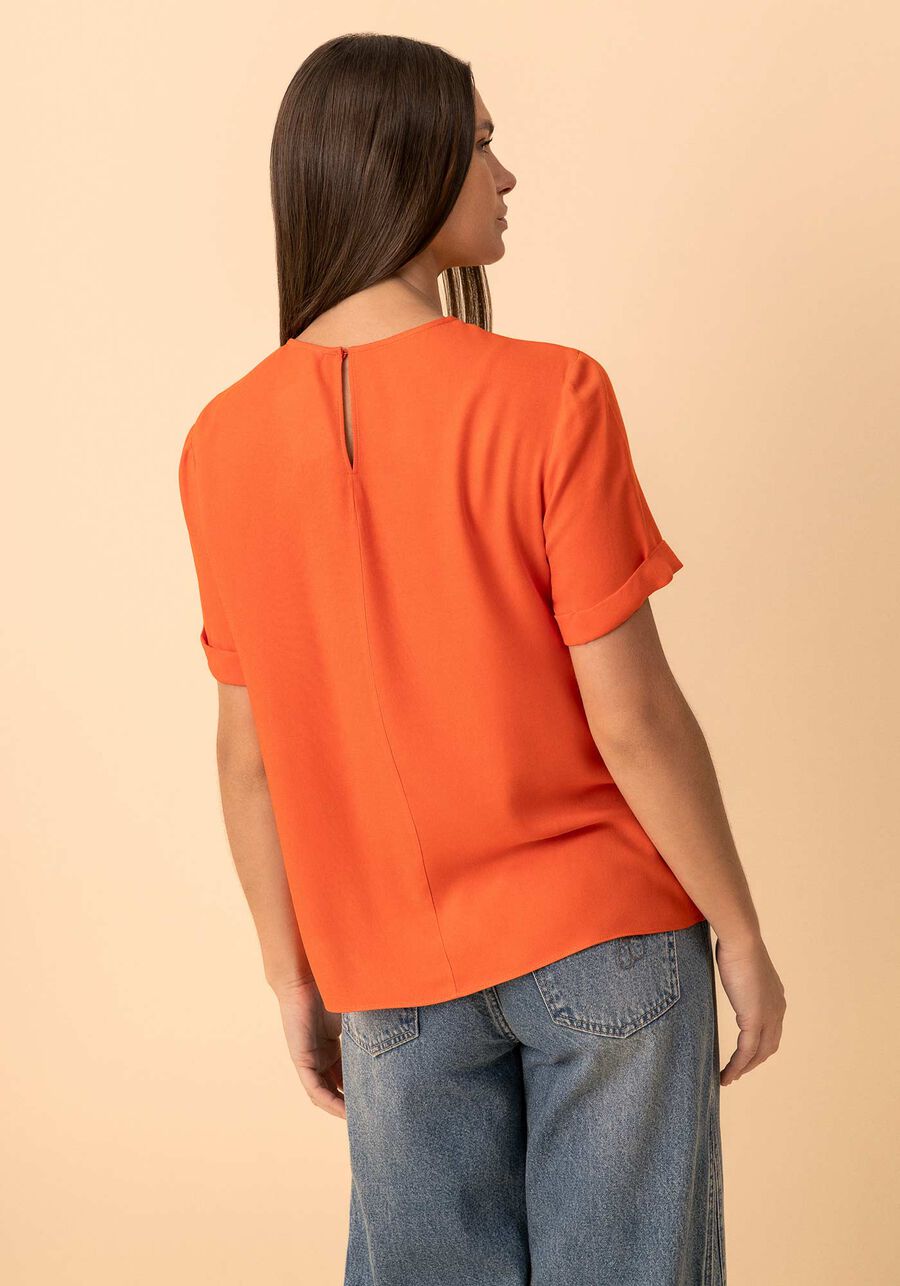 Blusa De Mangas Curtas Com Bordado Localizado Essential, LARANJA PAIXAO. Blusa De Mangas Curtas Com Bordado Localizado Essential, LARANJA PAIXAO, large.