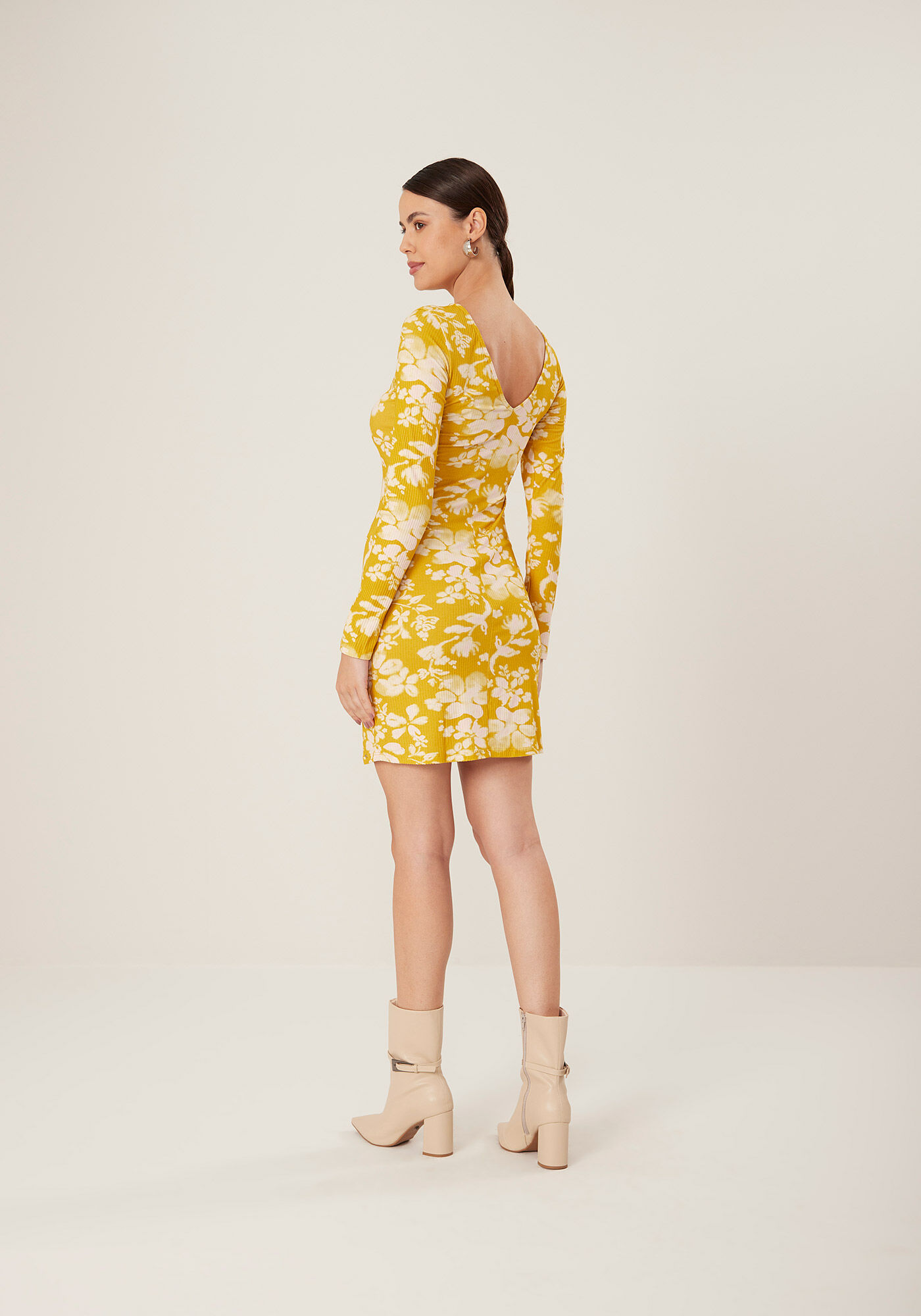 Vestido Curto Estampado De Mangas Longas Em Malha Canelada, , large.