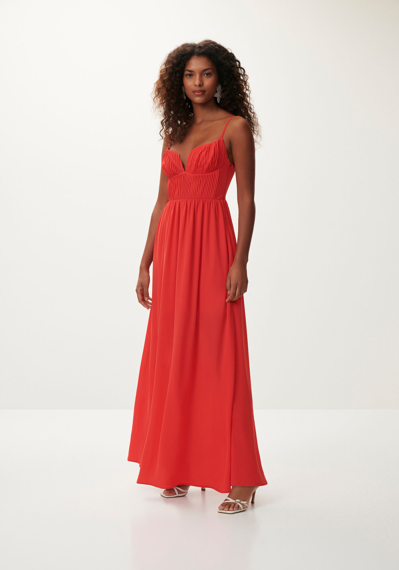 Vestido Longo em Crepe com Plissado Busto, VERMELHO JASPER, large.