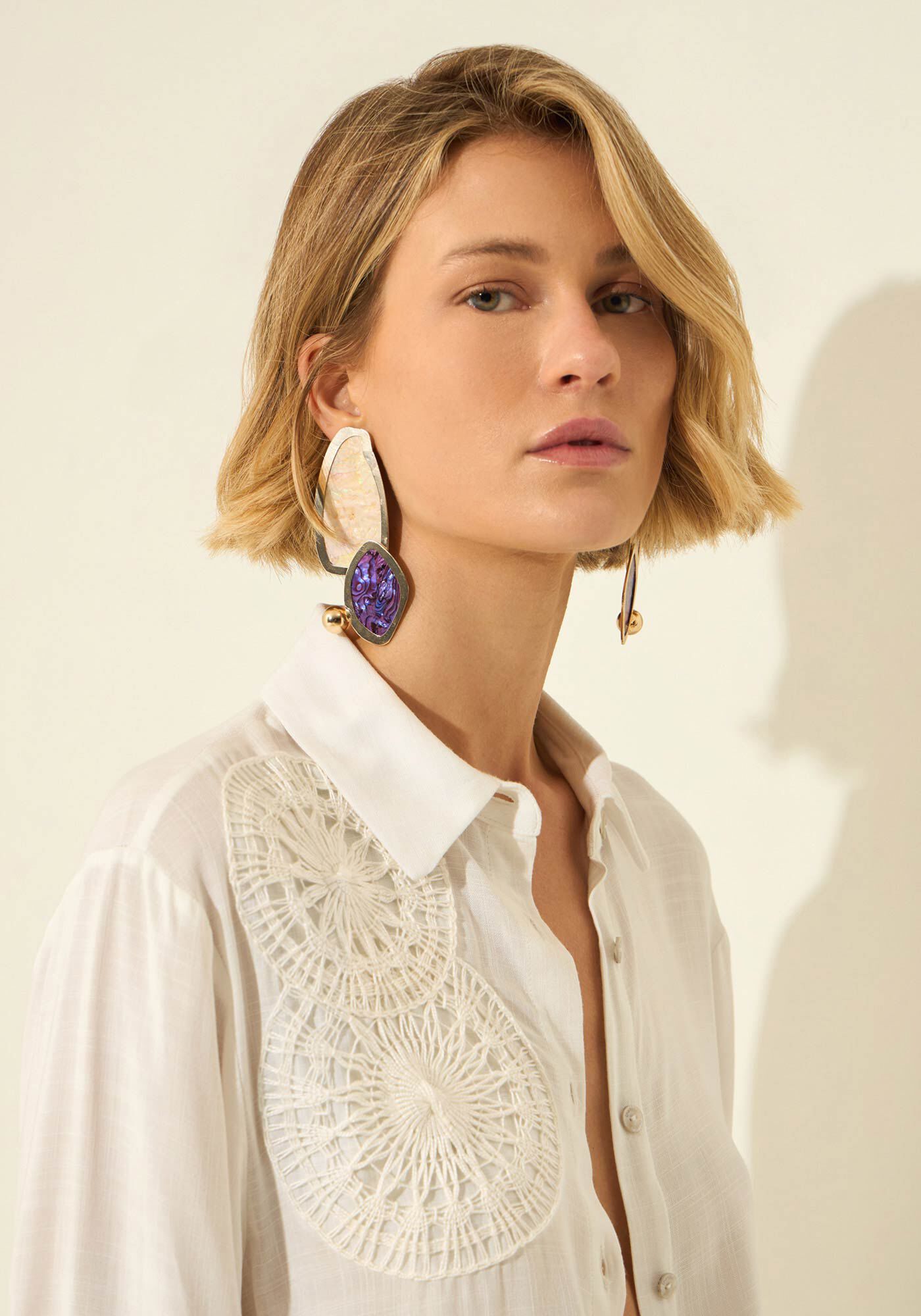 Camisa De Mangas Longas Com Bot&otilde;es E Renda Tenerife, BRANCO OFF WHITE, large.