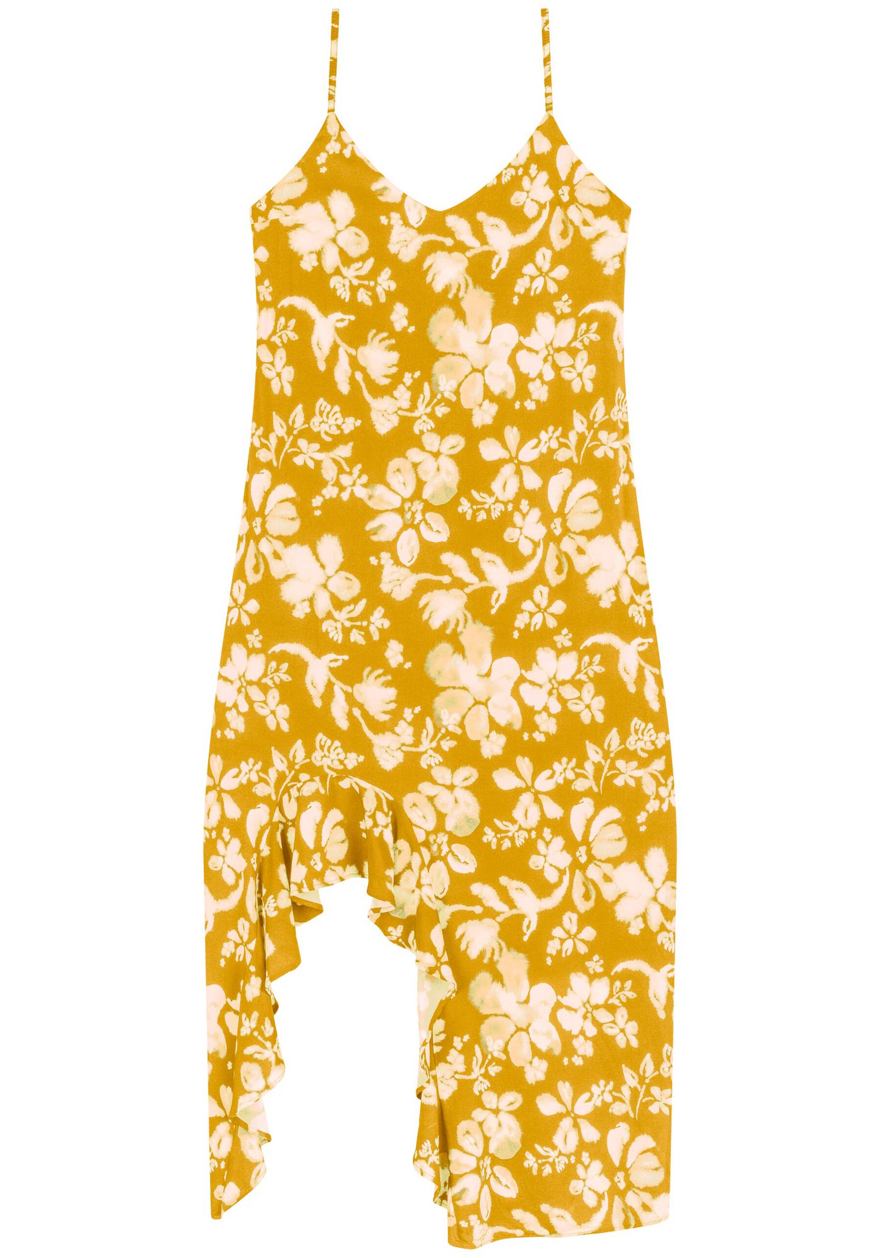 Vestido Estampado Midi Chá Com Alças Finas E Babados, . Vestido Estampado Midi Chá Com Alças Finas E Babados, , large.