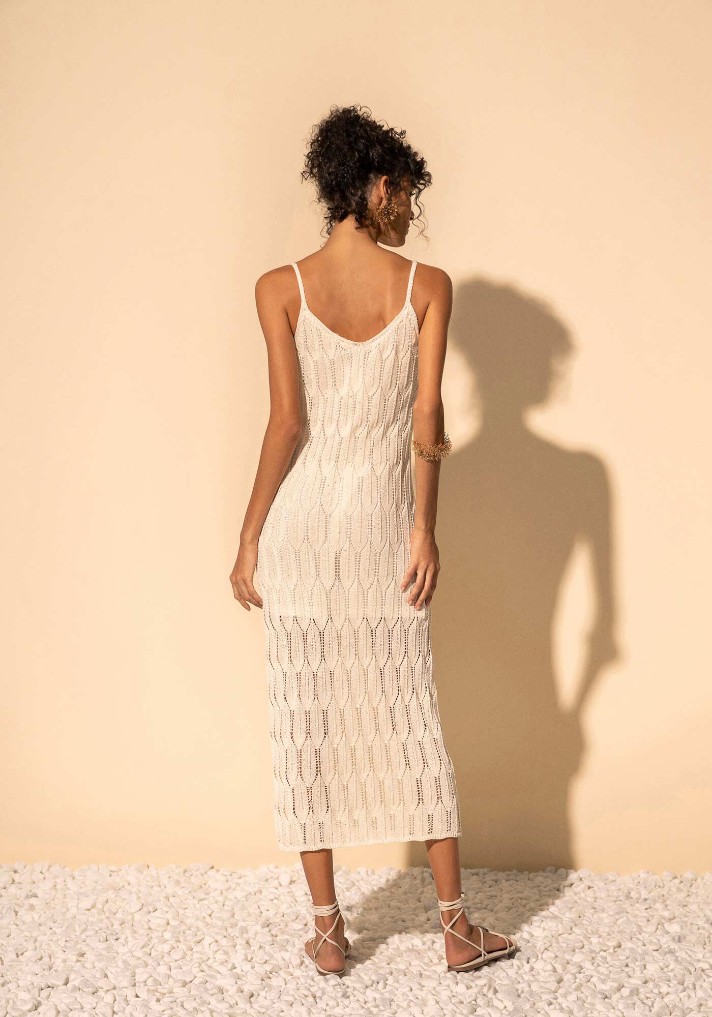 Vestido Ch&aacute; De Al&ccedil;as Com Decote Em V Em Malha Tric&ocirc;, BEGE ALHAMBRA, large.