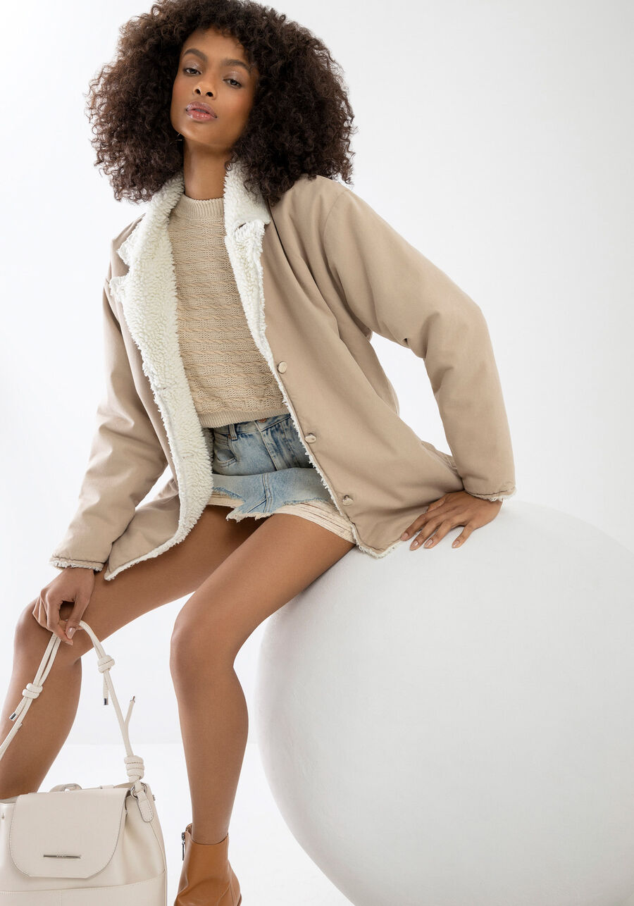 Jaqueta Sarja Oversized Forrada com Pelos, . Jaqueta Sarja Oversized Forrada com Pelos, , large.