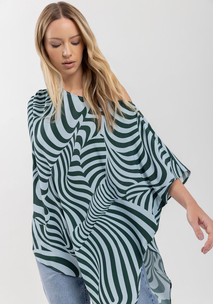 Blusa Fluida Estampada De Um Ombro Só Em Viscose, SILHOUETTE AZUL. Blusa Fluida Estampada De Um Ombro Só Em Viscose, SILHOUETTE AZUL, large.