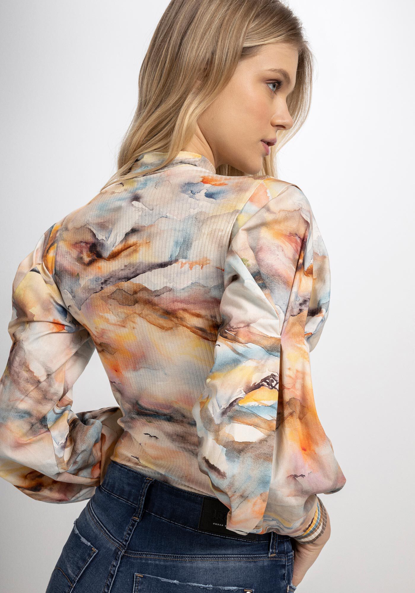 Blusa Estampada Canelada com M&aacute;xi Pregas Manga, GLACIAL, large.