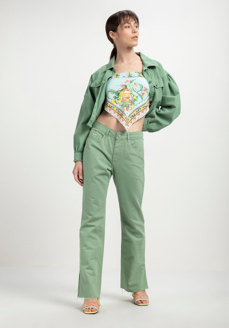 Calça Sarja Reta com Cintura Baixa, VERDE LODEN FROST. Calça Sarja Reta com Cintura Baixa, VERDE LODEN FROST, large.