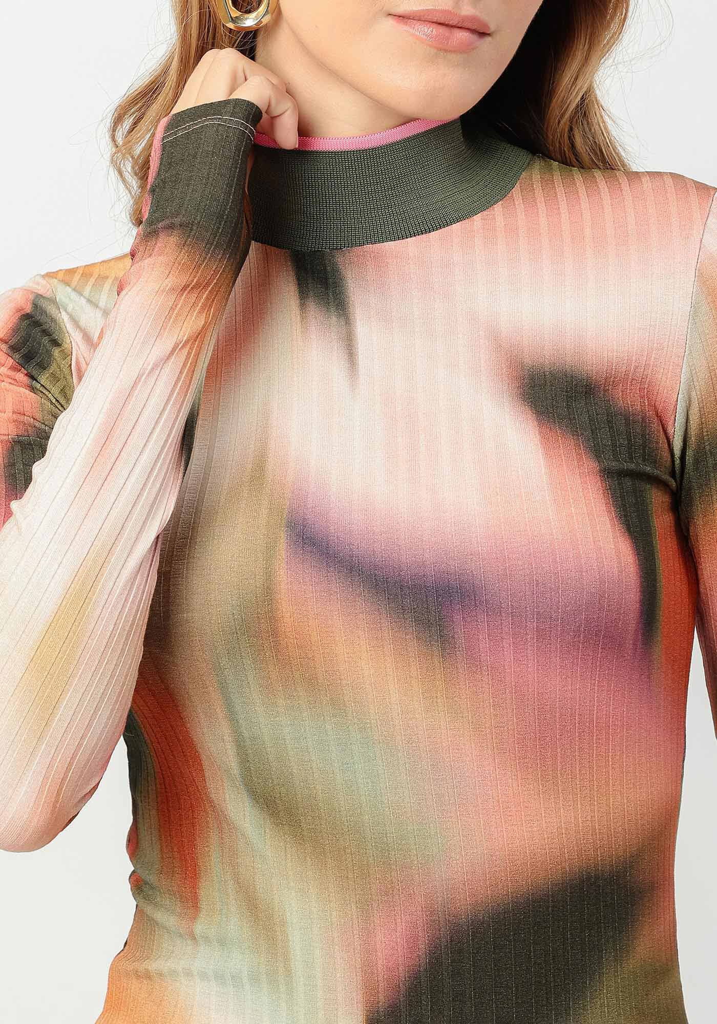 Blusa Manga Longa Canelada com Gola Alta Retil&iacute;nea, , large.