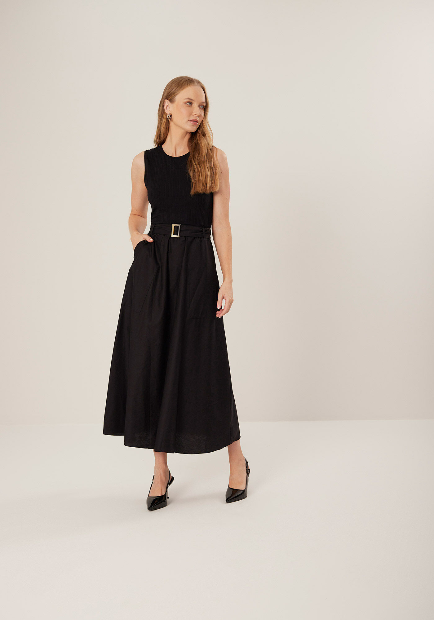 Vestido Midi Ch&aacute; Em Tafet&aacute; De Algod&atilde;o Com Faixa Afivelada, , large.