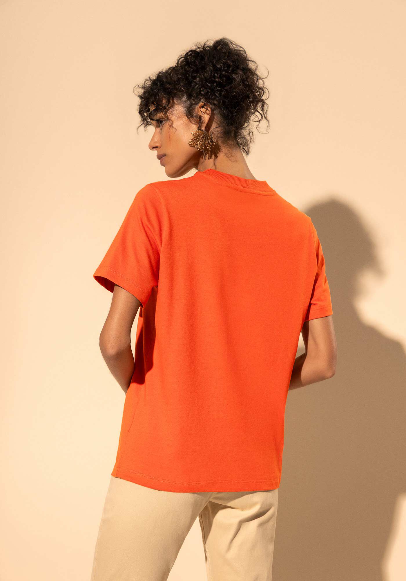 Blusa T-shirt Em Algod&atilde;o Penteado Com Estampa Localizada, LARANJA PAIXAO, large.