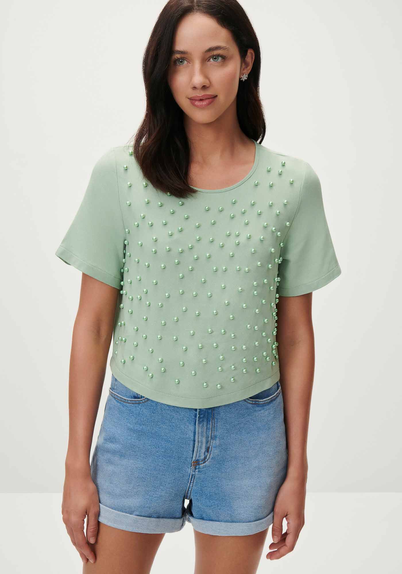 Blusa Cropped em Crepe com P&eacute;rolas, , large.