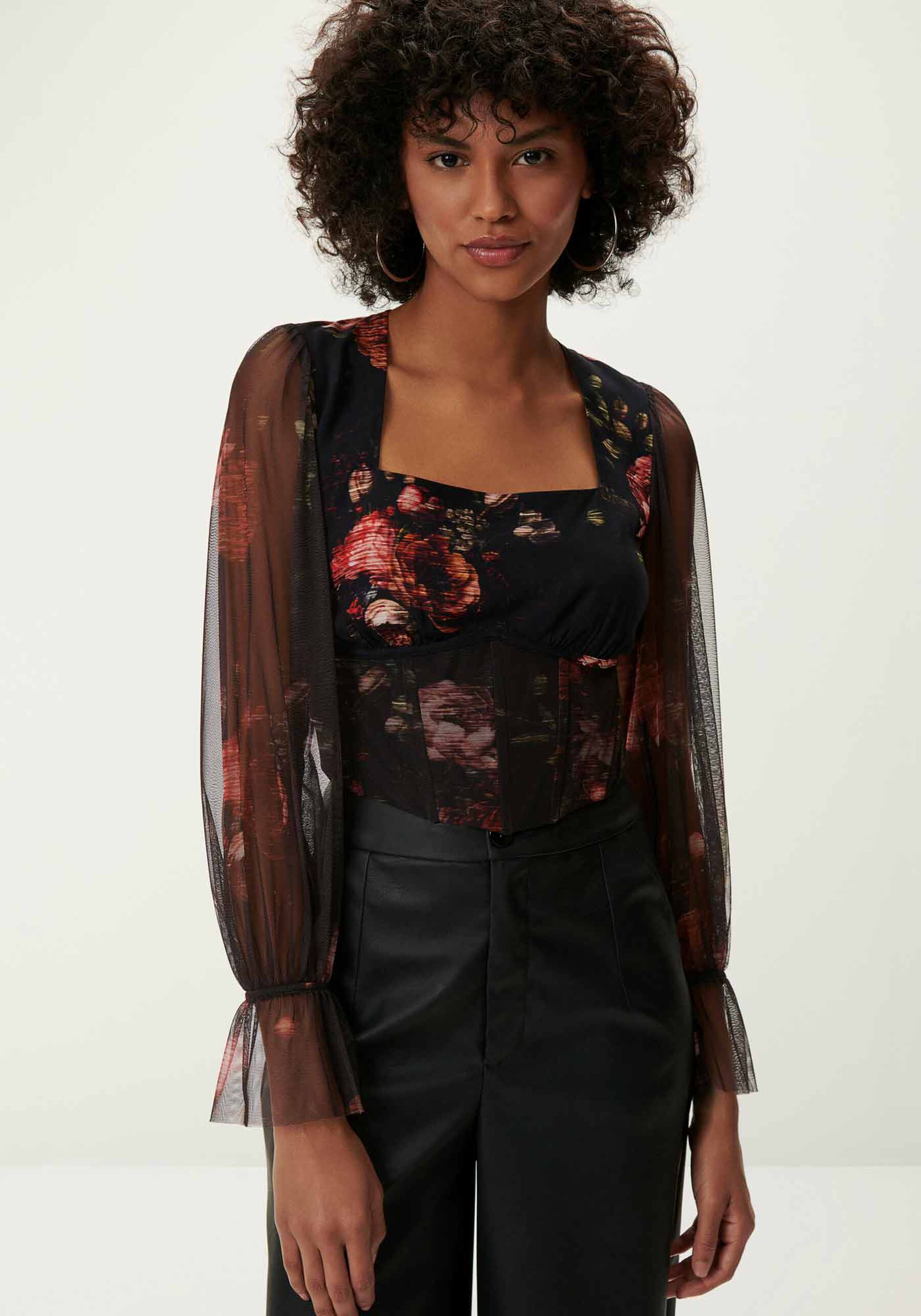 Blusa Corset Floral com Manga Bufante em Tule, . Blusa Corset Floral com Manga Bufante em Tule, , large.