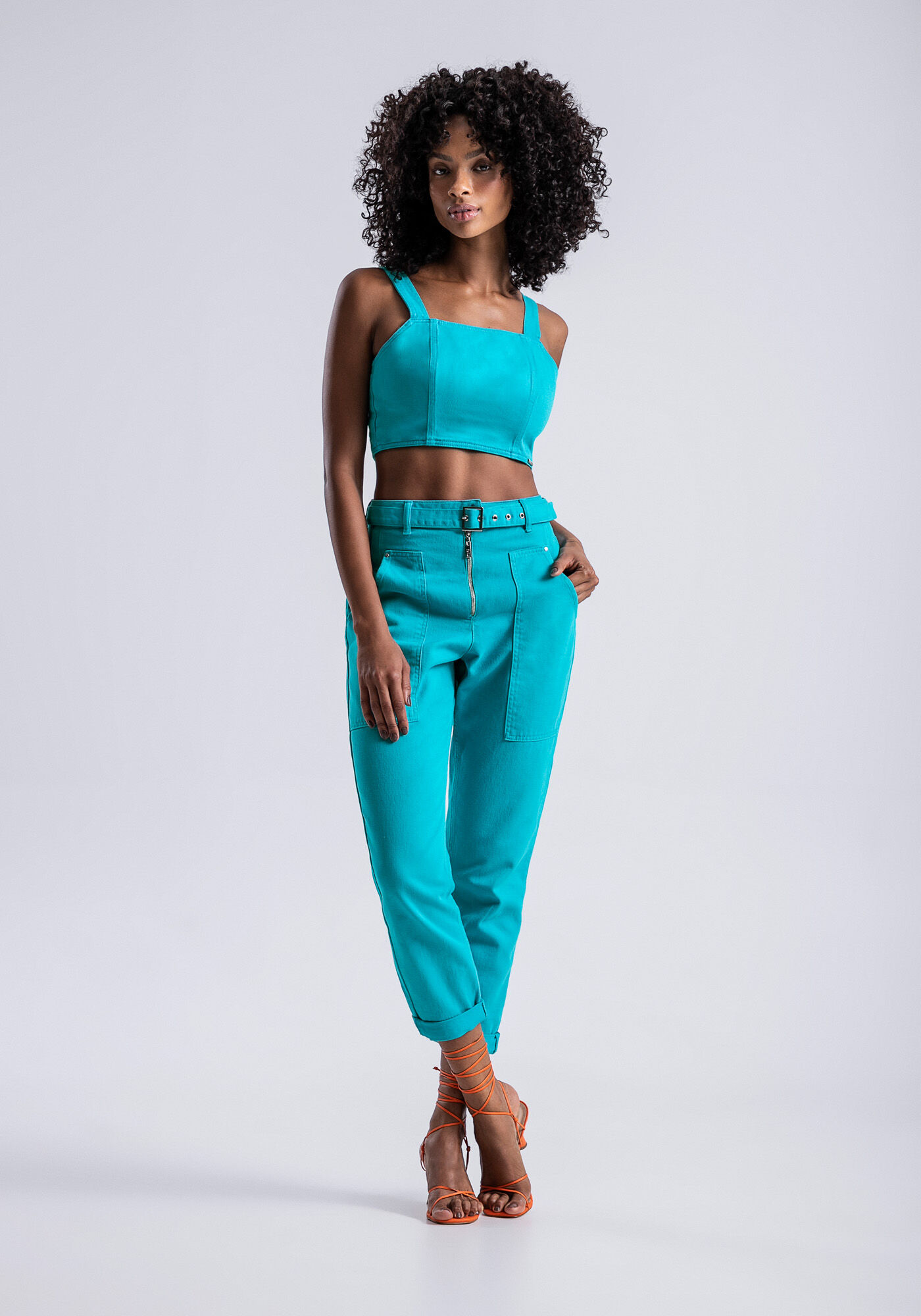 Blusa Sarja Cropped com Decote Reto, , large.