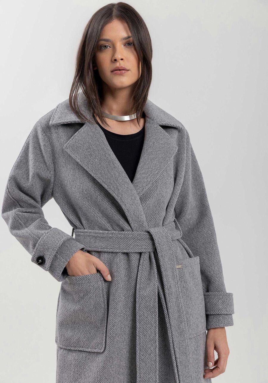 Sobretudo Midi Com Bolsos Laterais E Faixa Ajustável, CINZA METAL. Sobretudo Midi Com Bolsos Laterais E Faixa Ajustável, CINZA METAL, large.