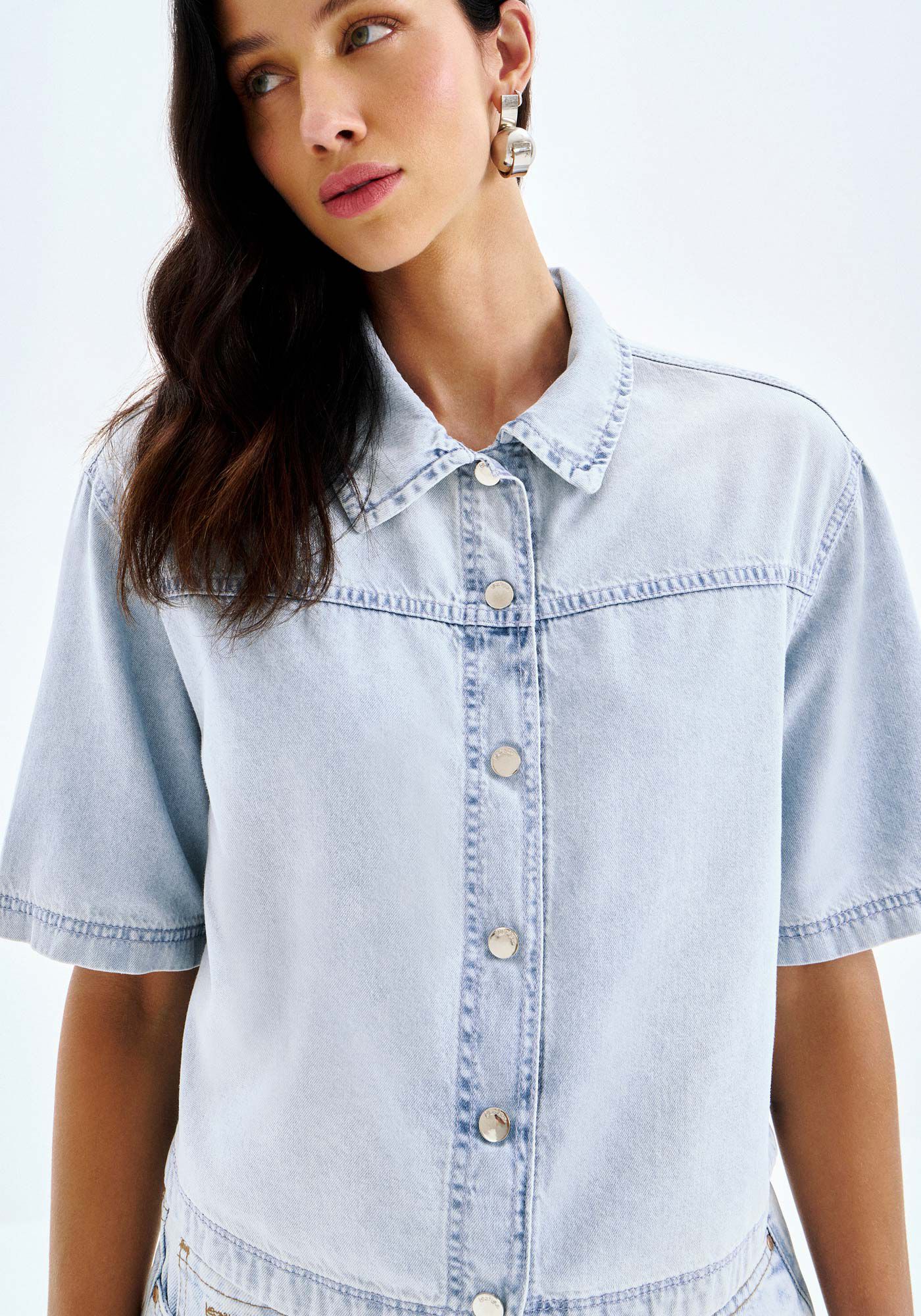 Camisa Jeans Manga Curta Cropped, , large.