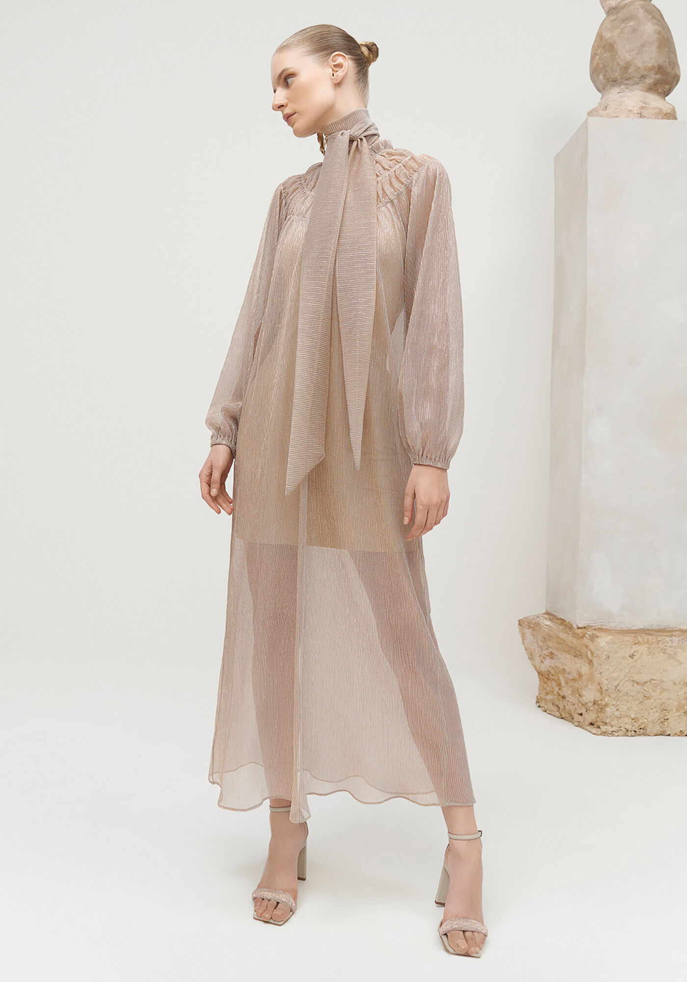 Vestido Midi Manga Longa em Tule Lurex com Cinto, , large.