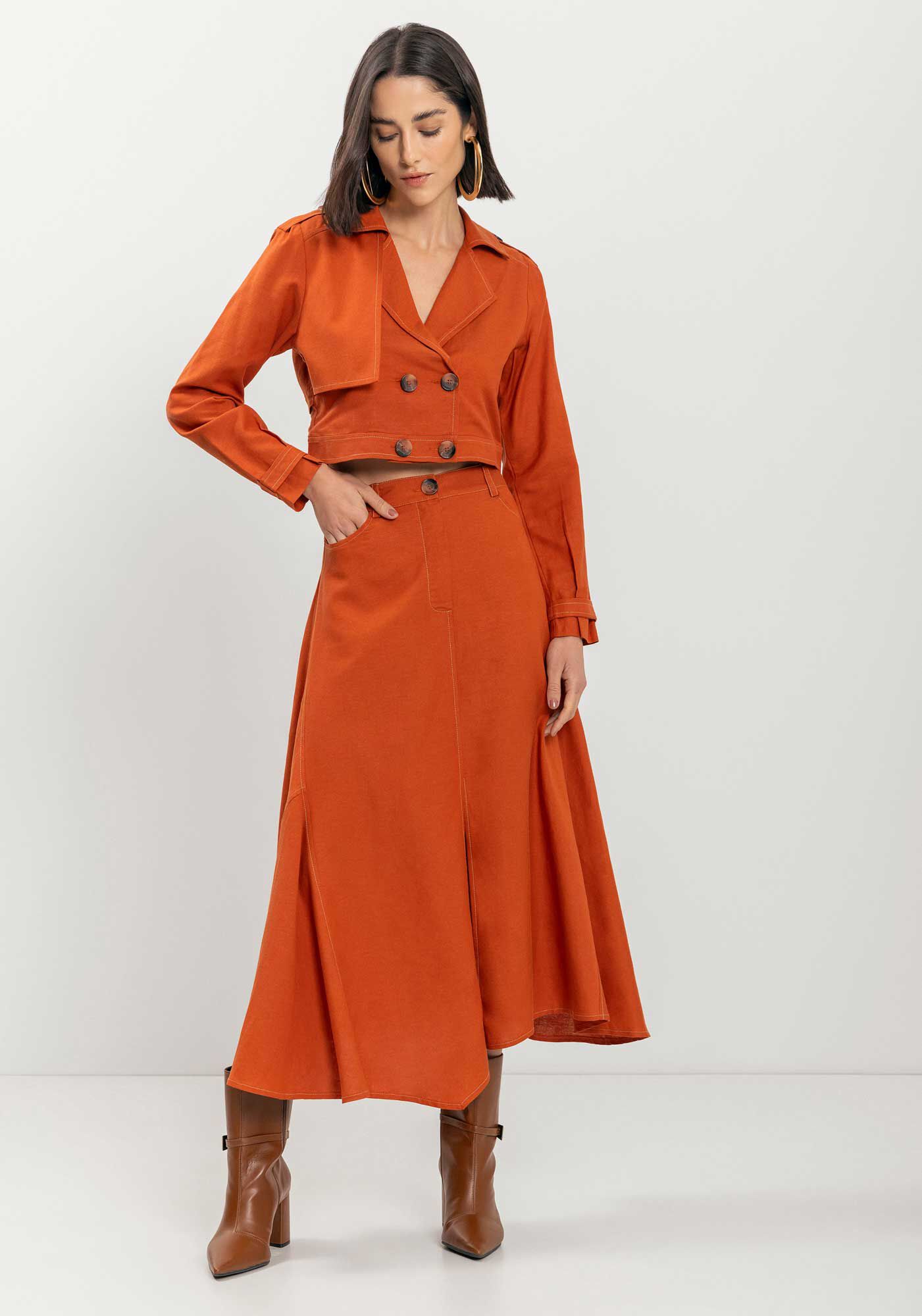 Saia Midi De Cintura Alta Com Fenda E Pesponto Contrastante, , large.