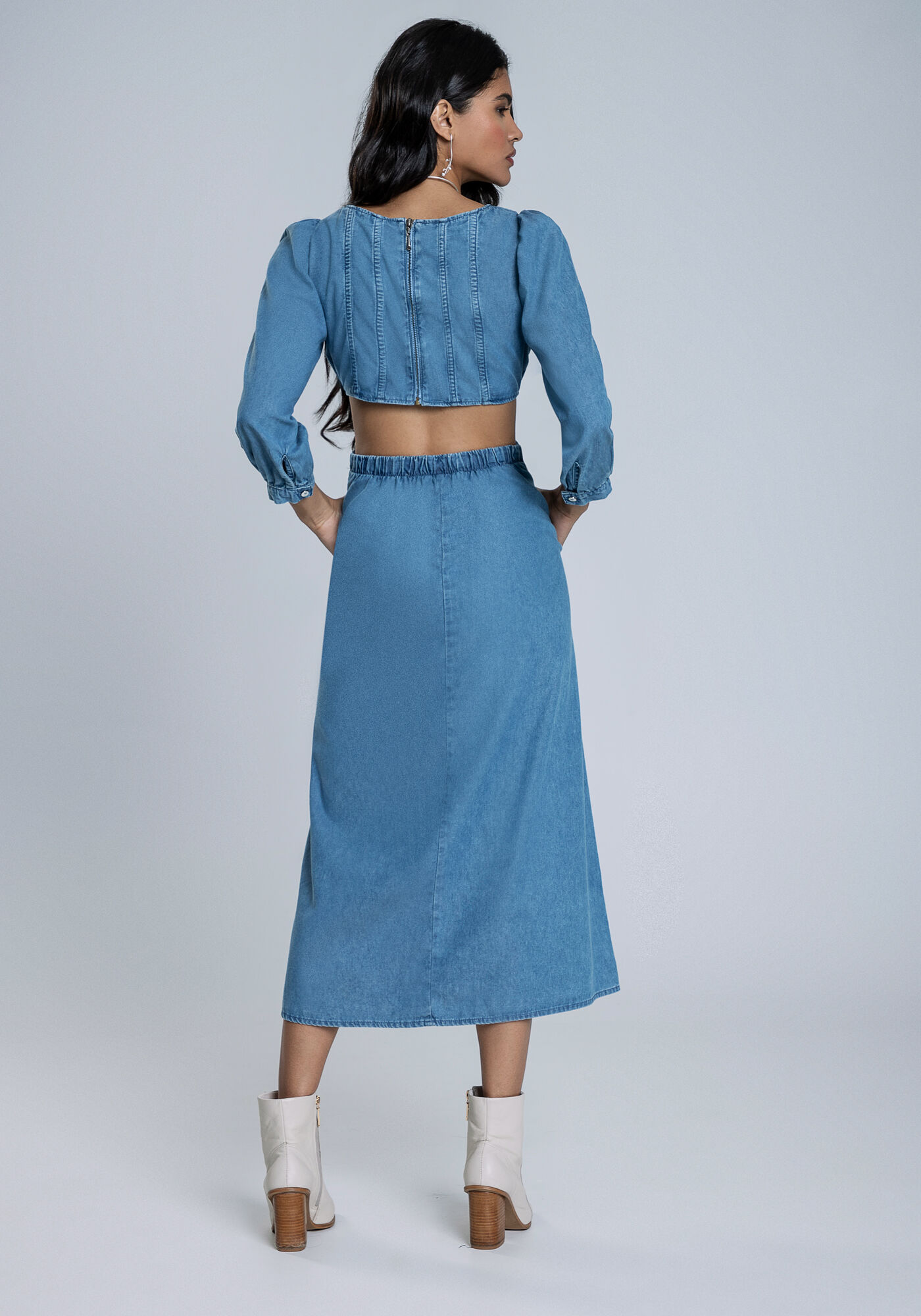 Vestido Midi em Jeans e Recorte Cintura, JEANS, large.