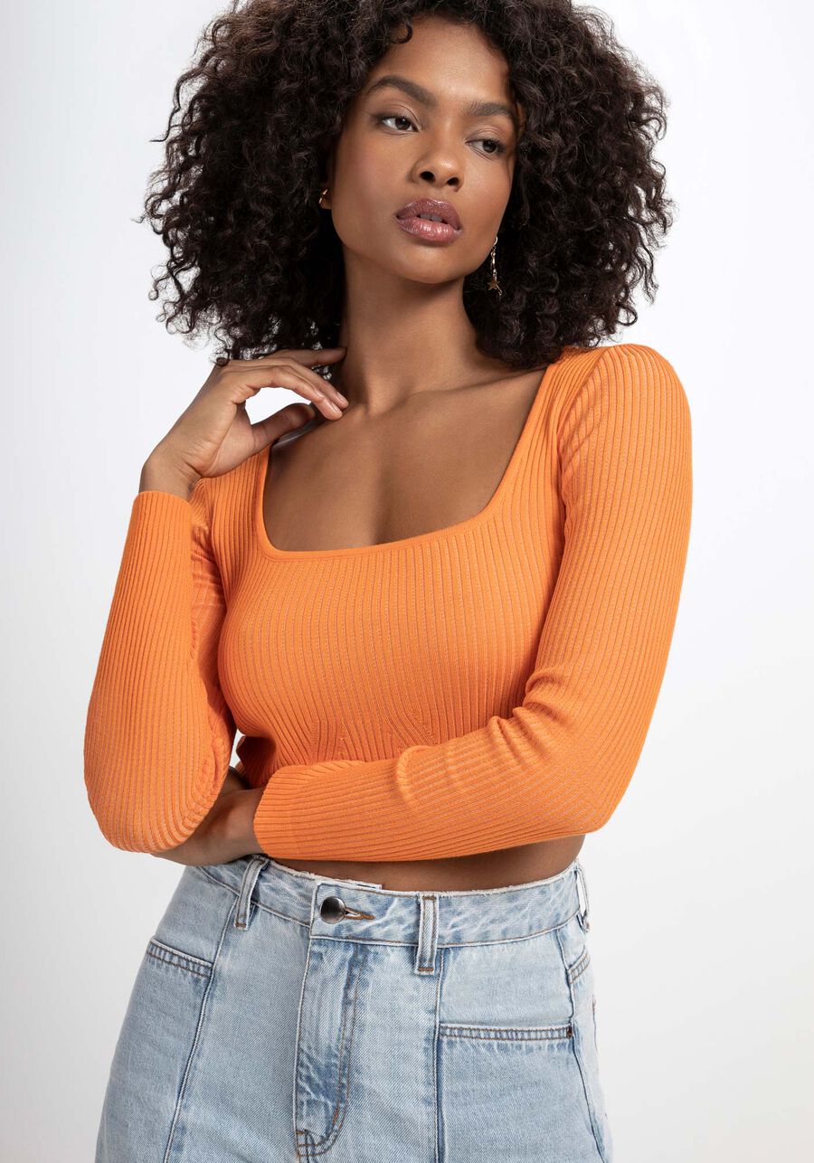 Blusa Cropped em Tricô com Manga Longa, LARANJA CARMIN. Blusa Cropped em Tricô com Manga Longa, LARANJA CARMIN, large.