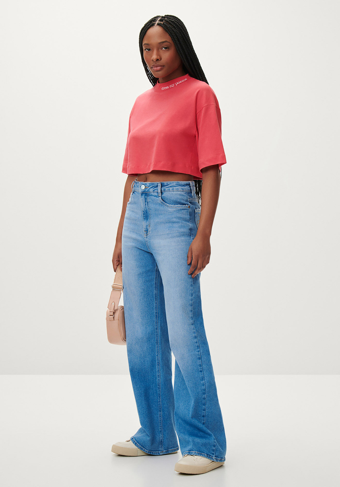 T-shirt Cropped Oversized com Gola, ROSA CARACAS, large.