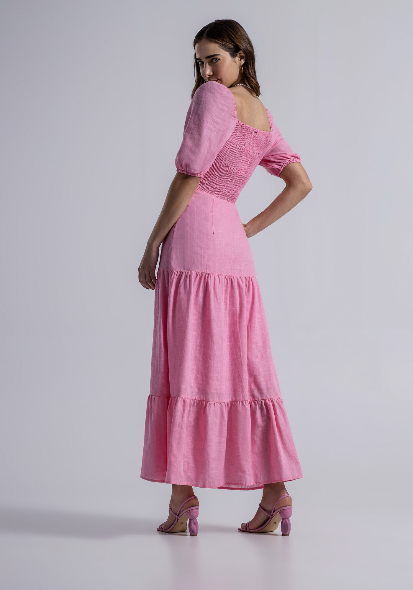 Vestido Midi em Tecido Thige com Manga Bufante, , large.