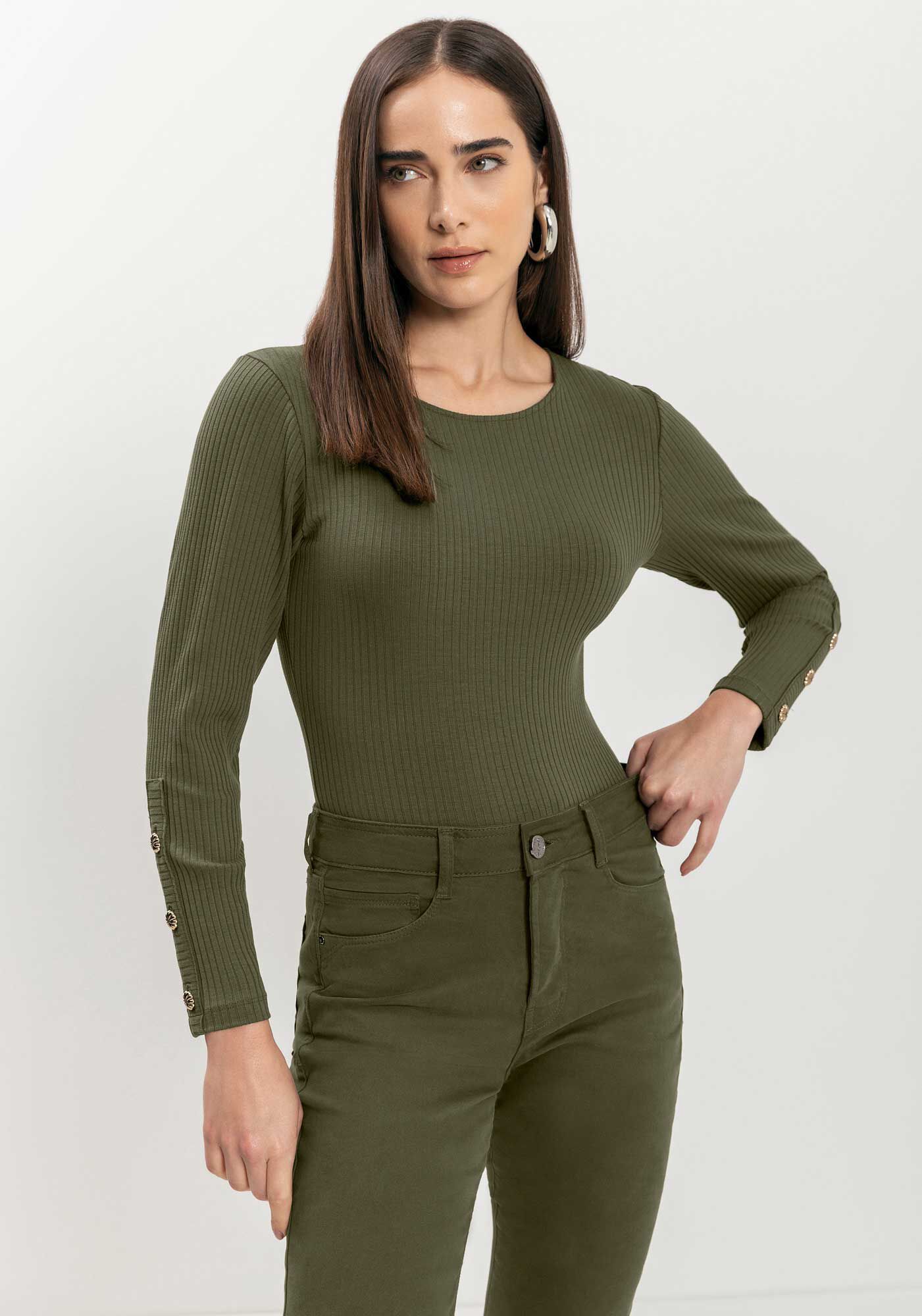 Body Justo Canelado Com Mangas Longas E Bot&otilde;es, VERDE AZEITONA, large.